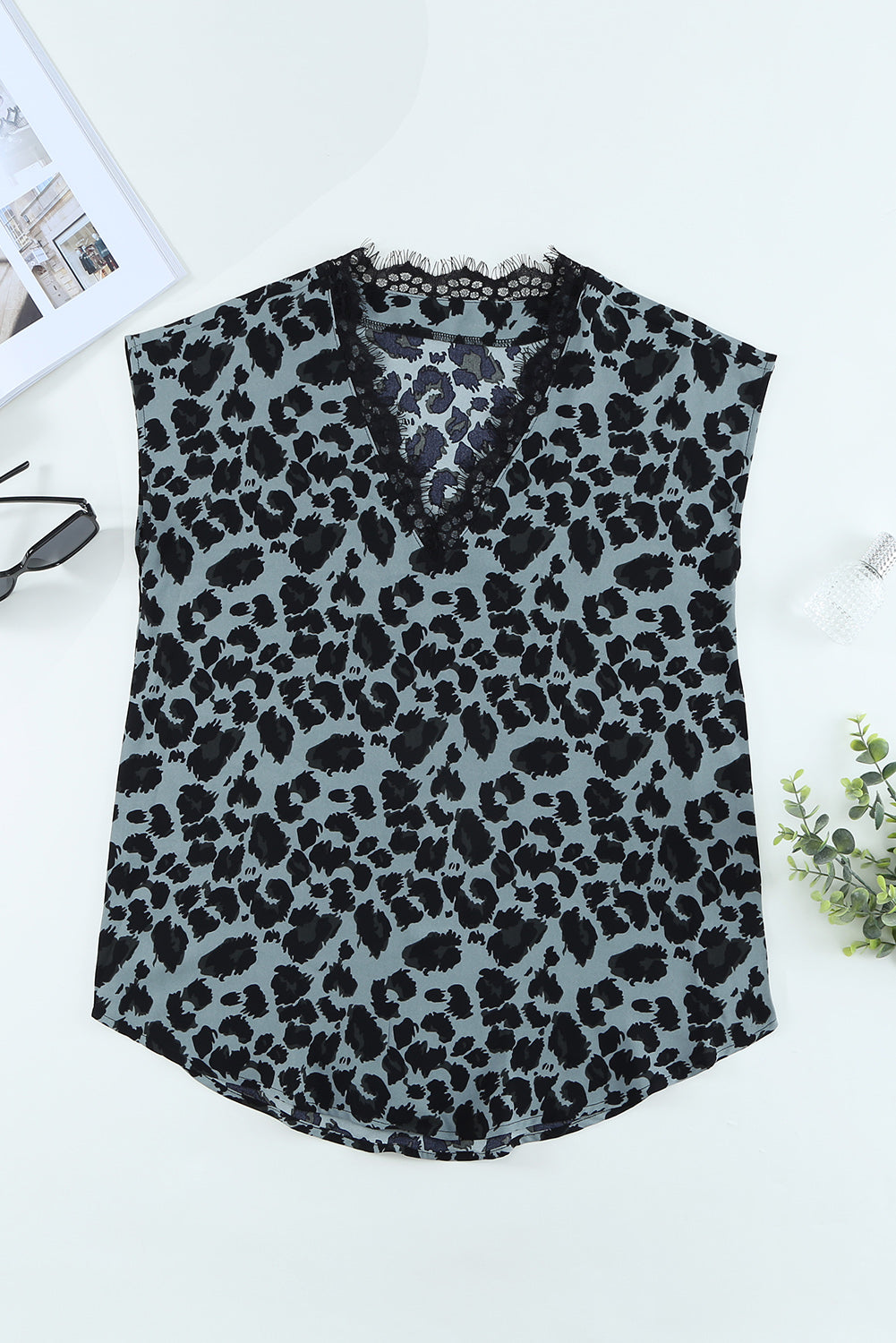 White/Apricot Floral Scalloped V Neck Short Sleeves Top Black Polka Dot Scalloped V Neck Short Sleeves Top Green Leopard Scalloped V Neck Short Sleeves Top