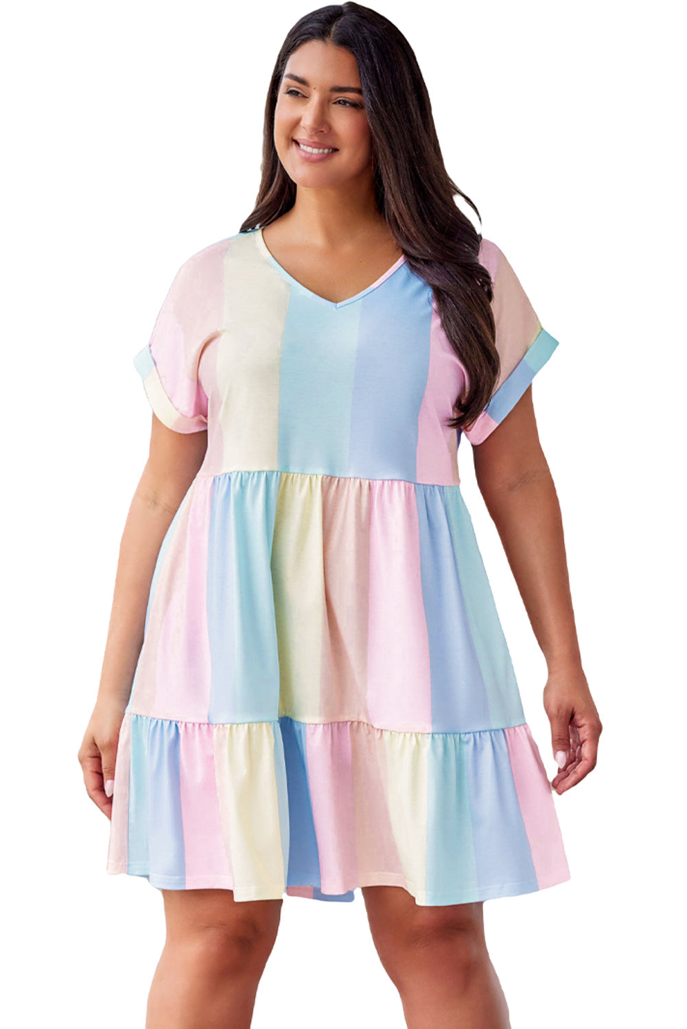 Multicolor Striped Color Block Tiered Mini Dress