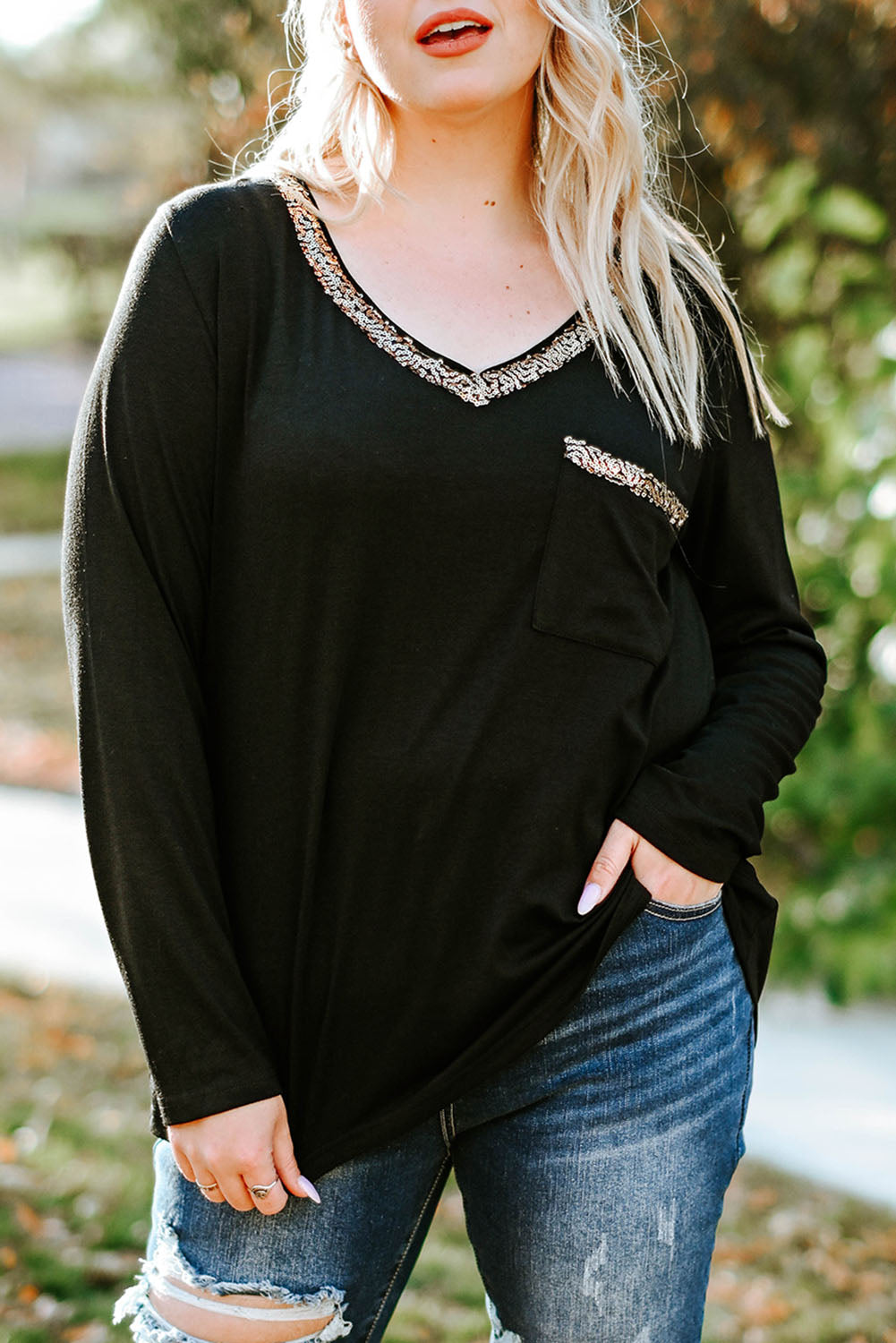 Long Sleeve Sequined V Neck Plus Size Top