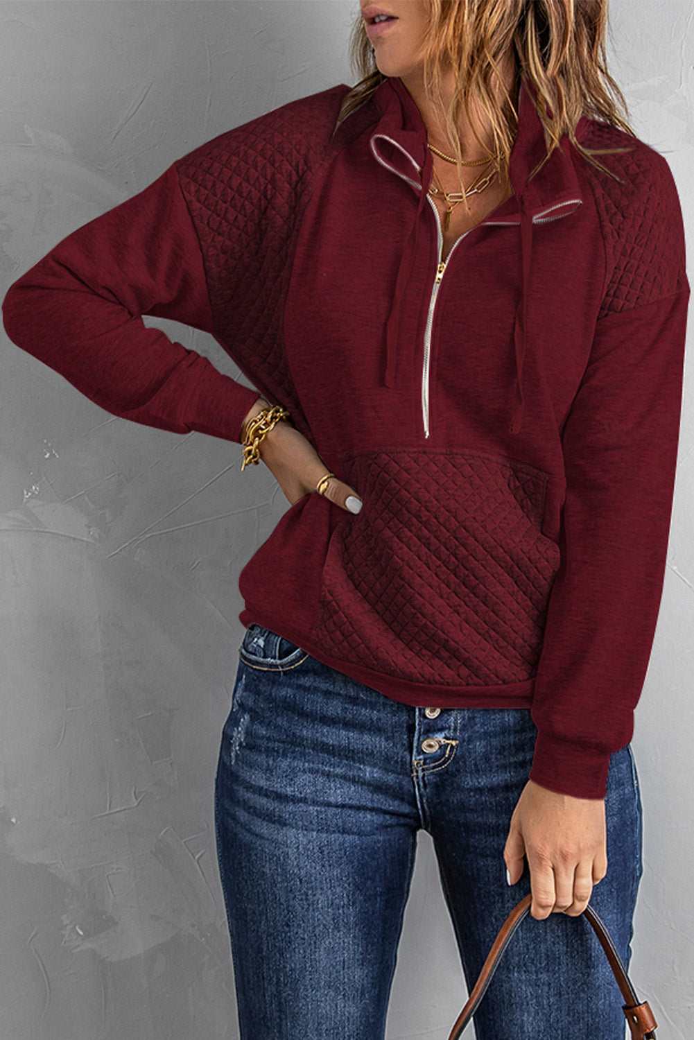 Quilted Patch Half Zipper Sweatshirt