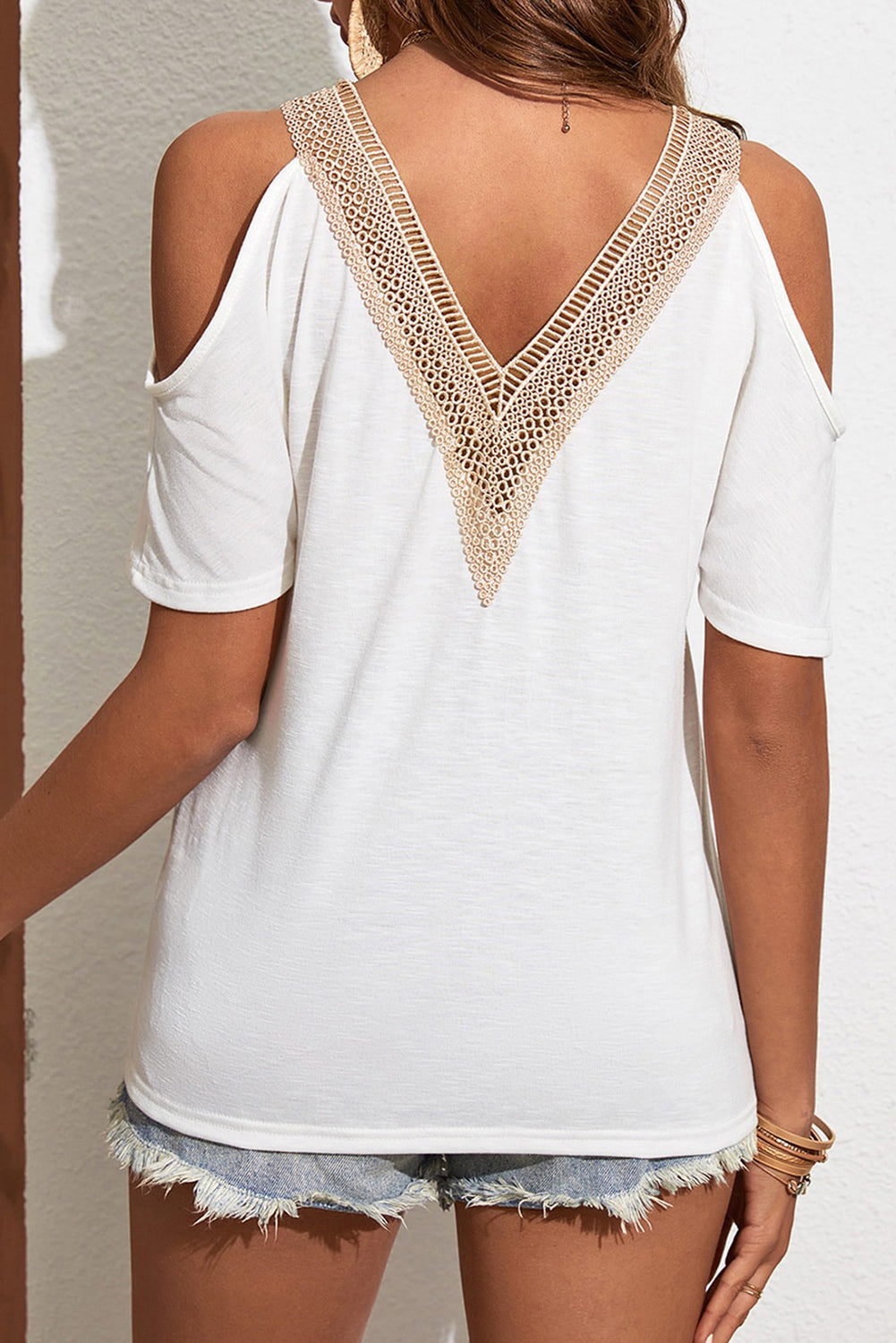 Lace Trim V Neck Short Sleeve Blouse