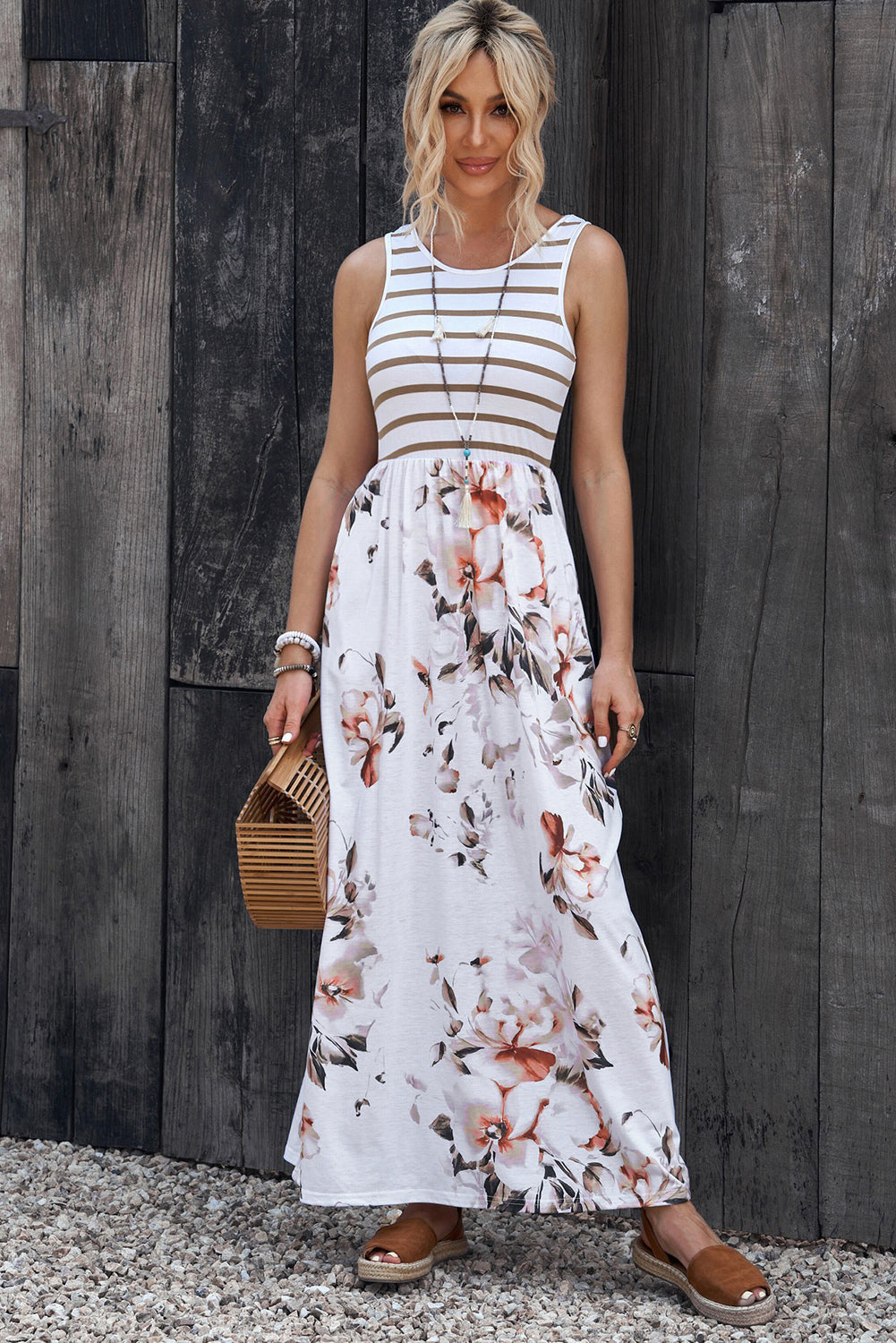 Striped Floral Print Sleeveless Maxi Dress with Pocket