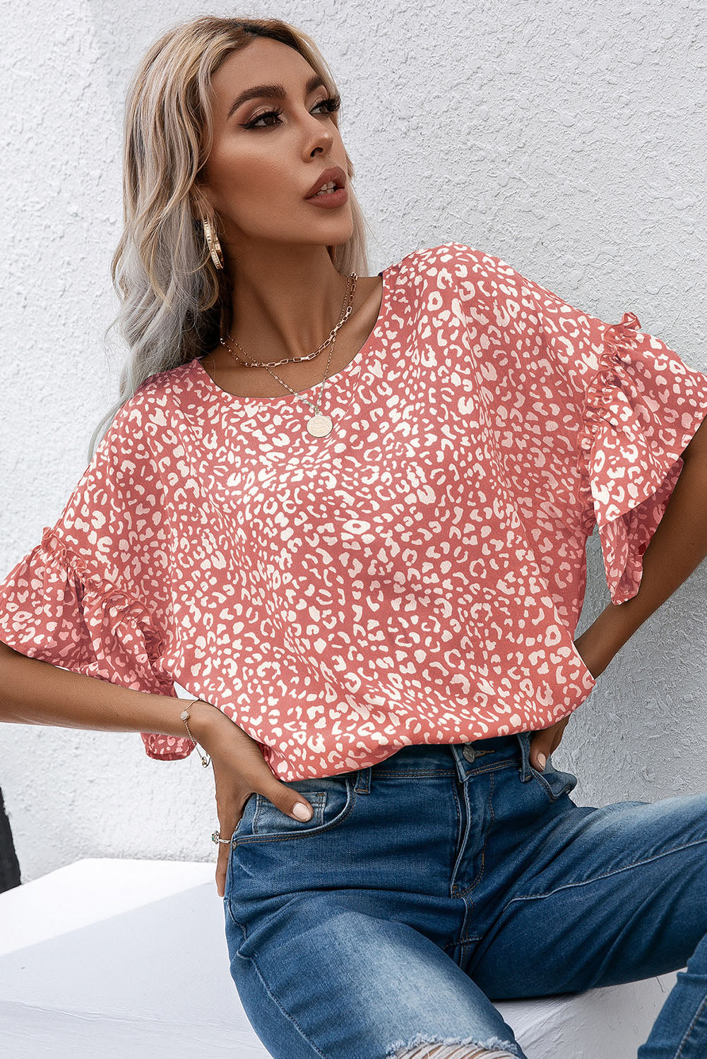 Leopard Spotted Ruffle Sleeve T-Shirt