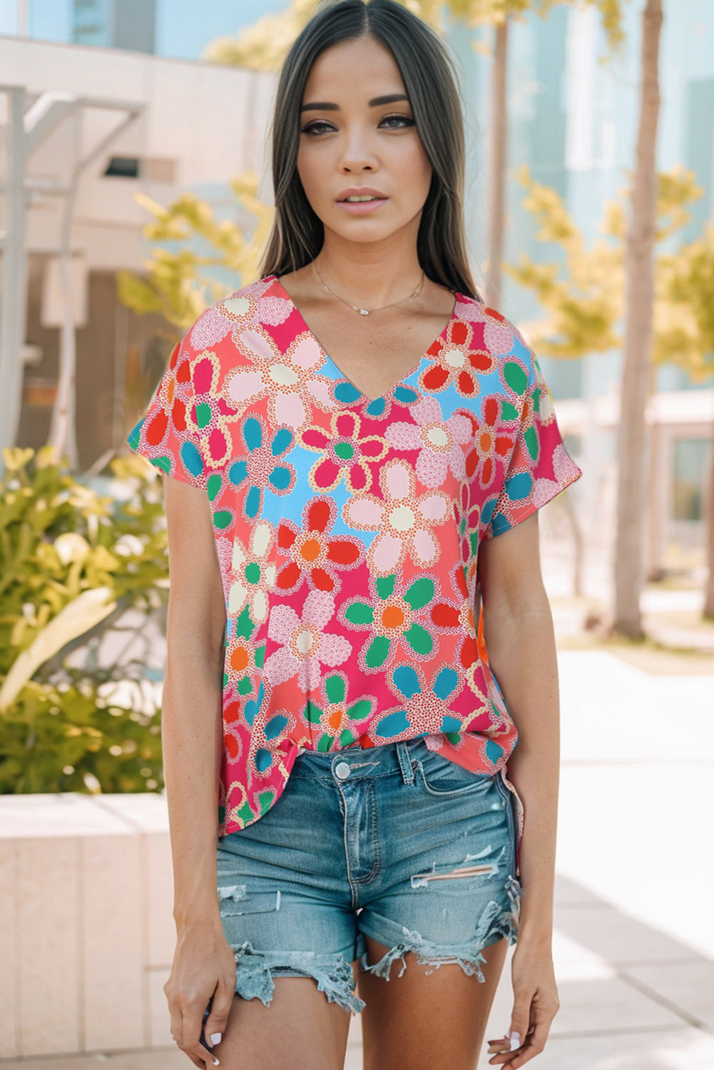 Multicolor Abstract Print V Neck Dolman Blouse