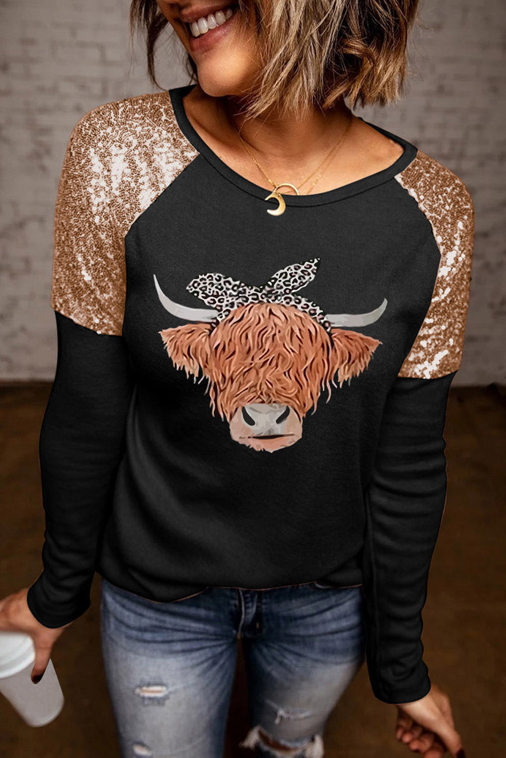 Sequin Shoulder Long Sleeve Top