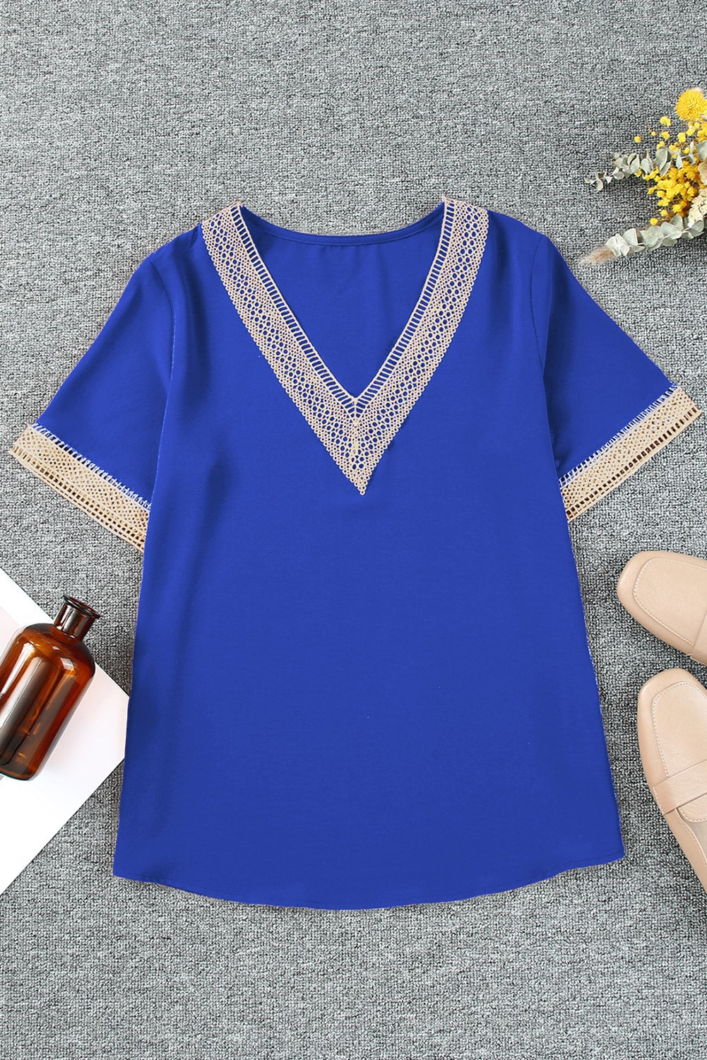 Lace Trim V Neck Short Sleeve Blouse