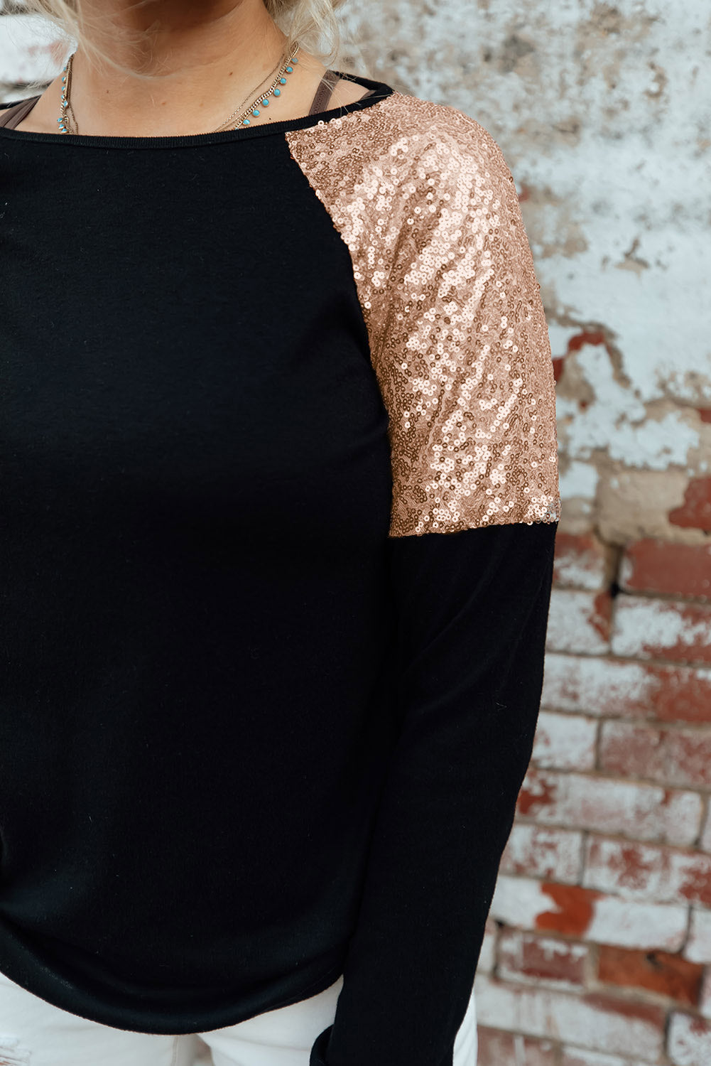 Sequin Shoulder Long Sleeve Top