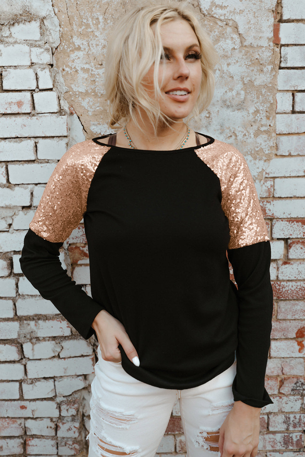 Sequin Shoulder Long Sleeve Top