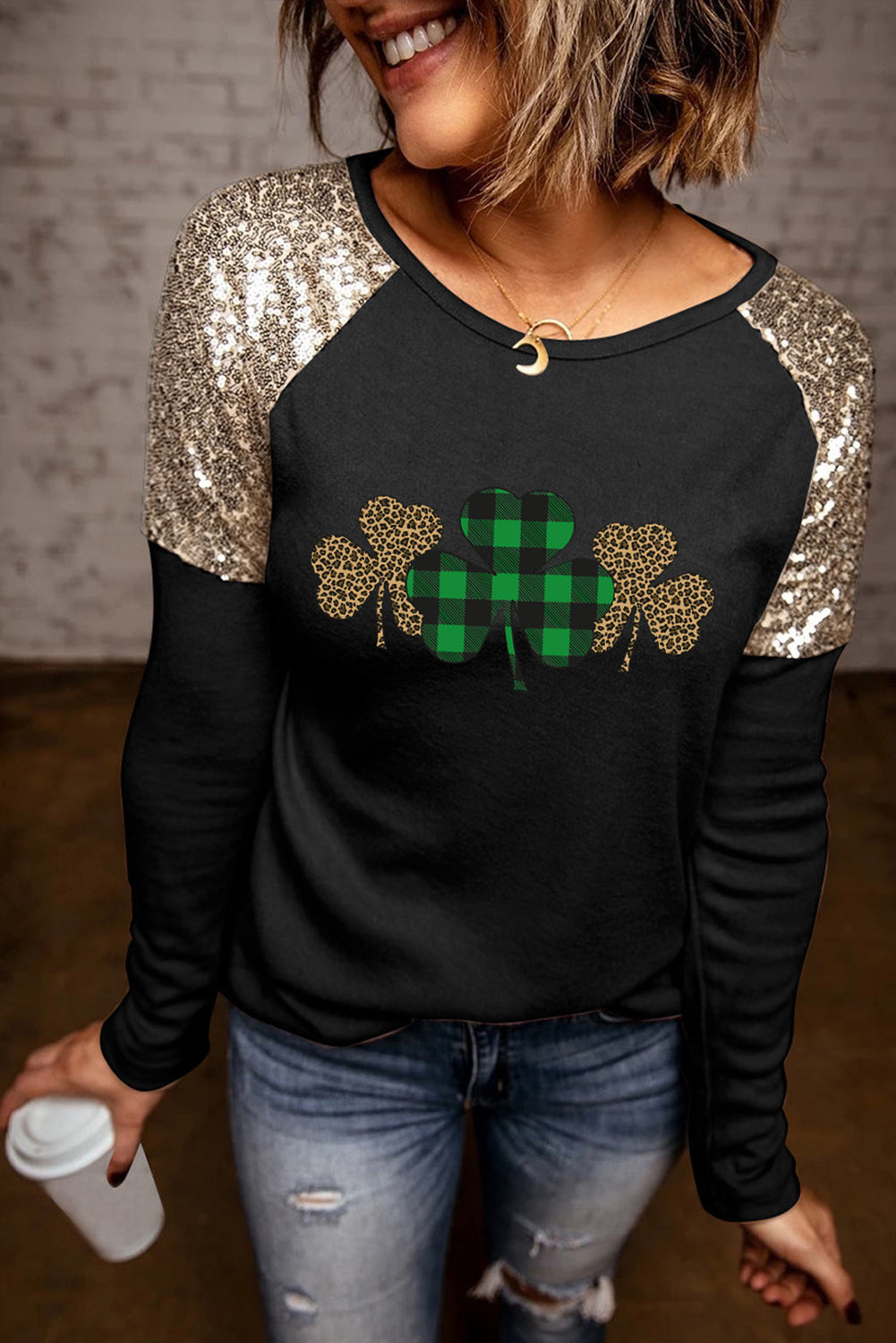 Sequin Shoulder Long Sleeve Top