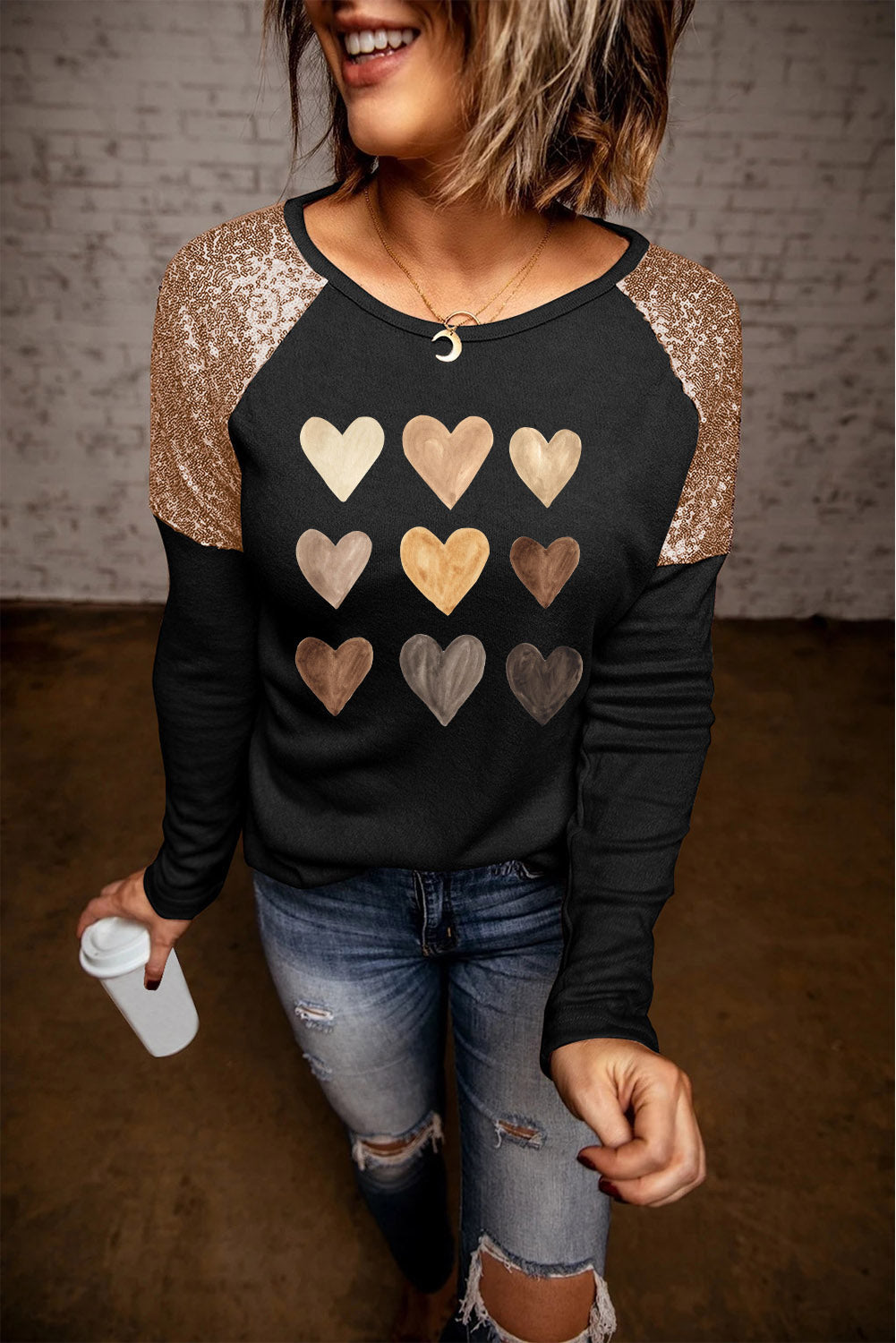 Sequin Shoulder Long Sleeve Top