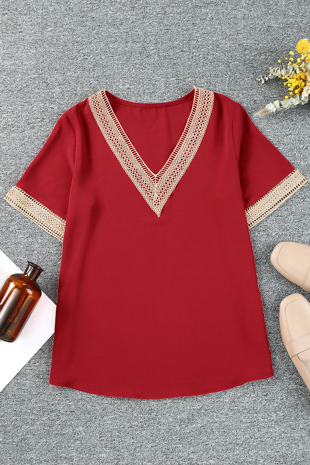 Lace Trim V Neck Short Sleeve Blouse