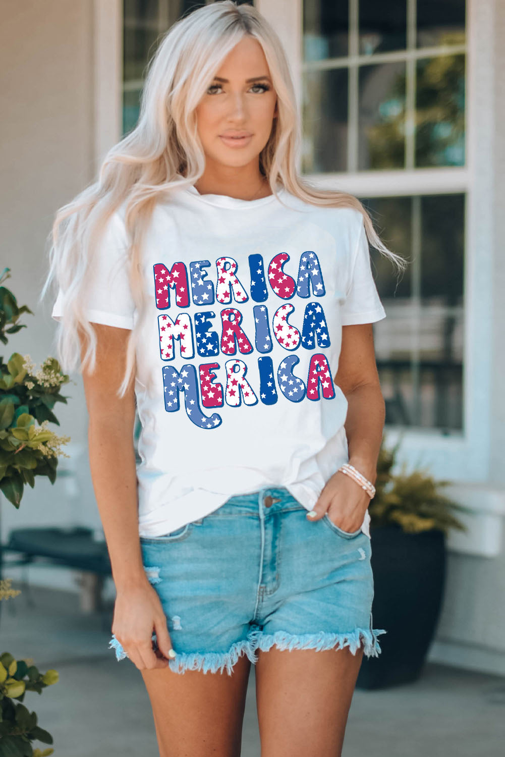 American Flag Star Graphic Print Crew Neck T Shirt