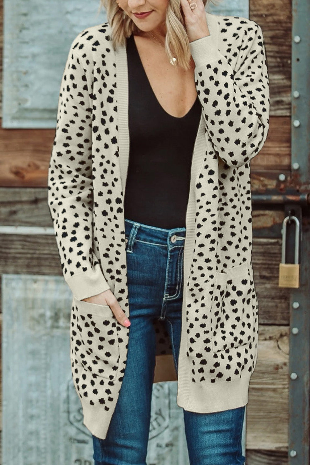 Open Front Dotted Print Knit Cardigan