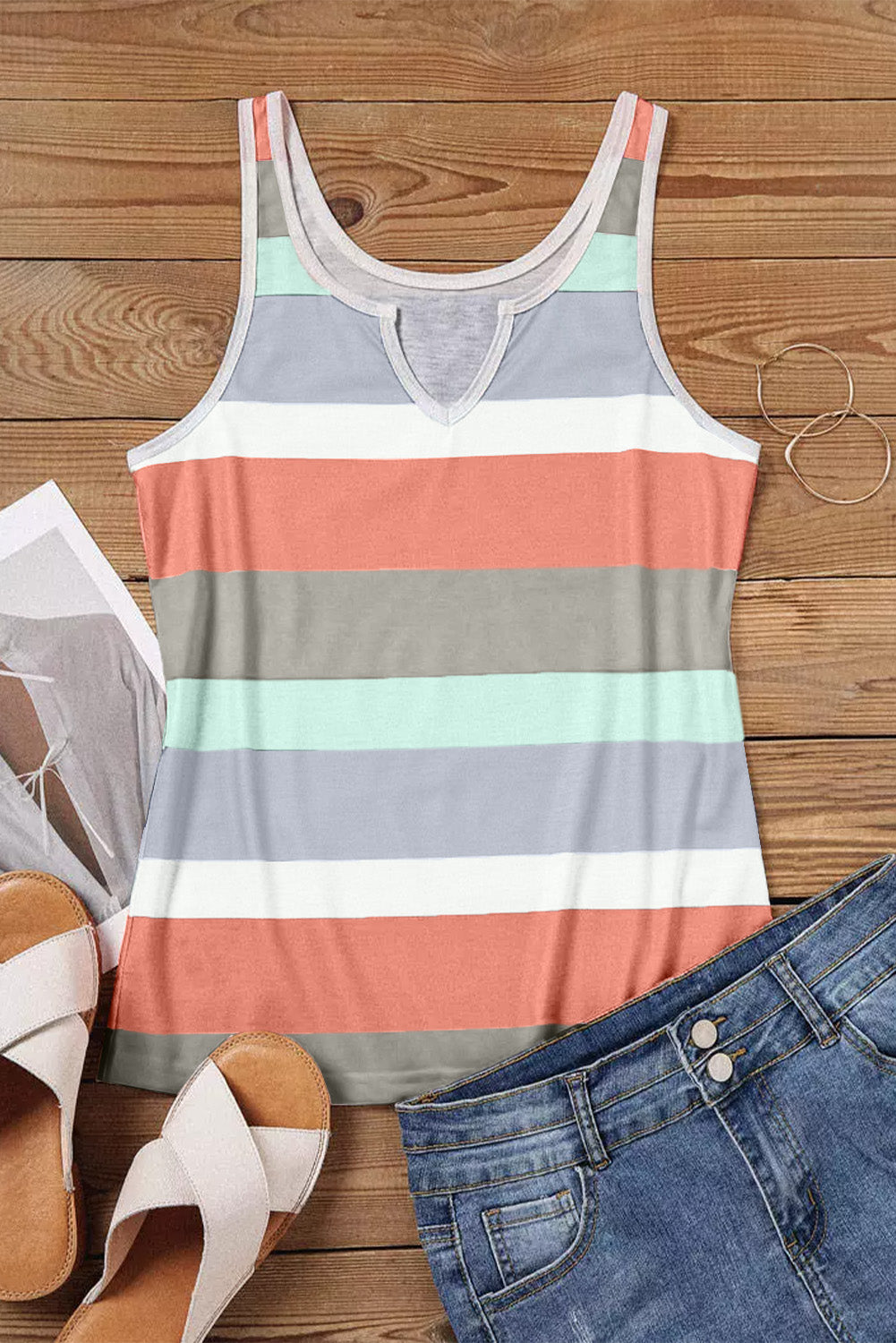 Multicolor Striped Color Block Notched Neck Tank Top