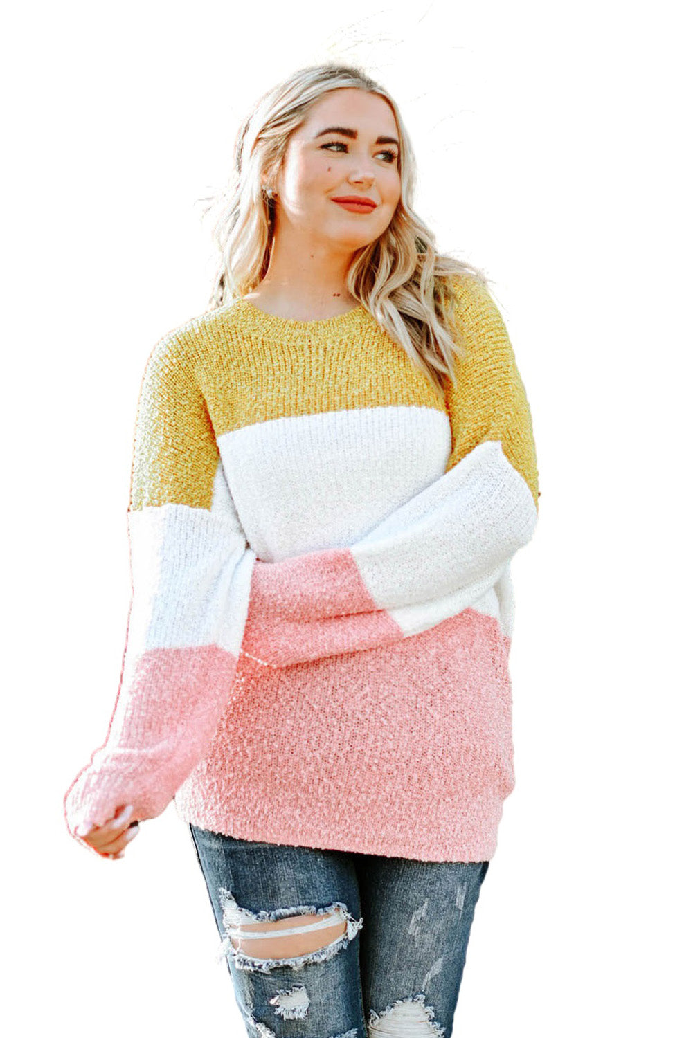 Colorblock Bubble Sleeve Plus Size Sweater
