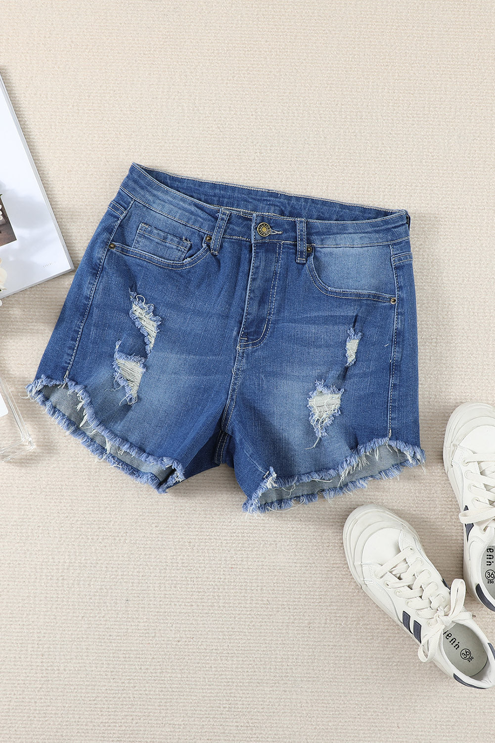 Dark Blue Frayed Hem Denim Shorts