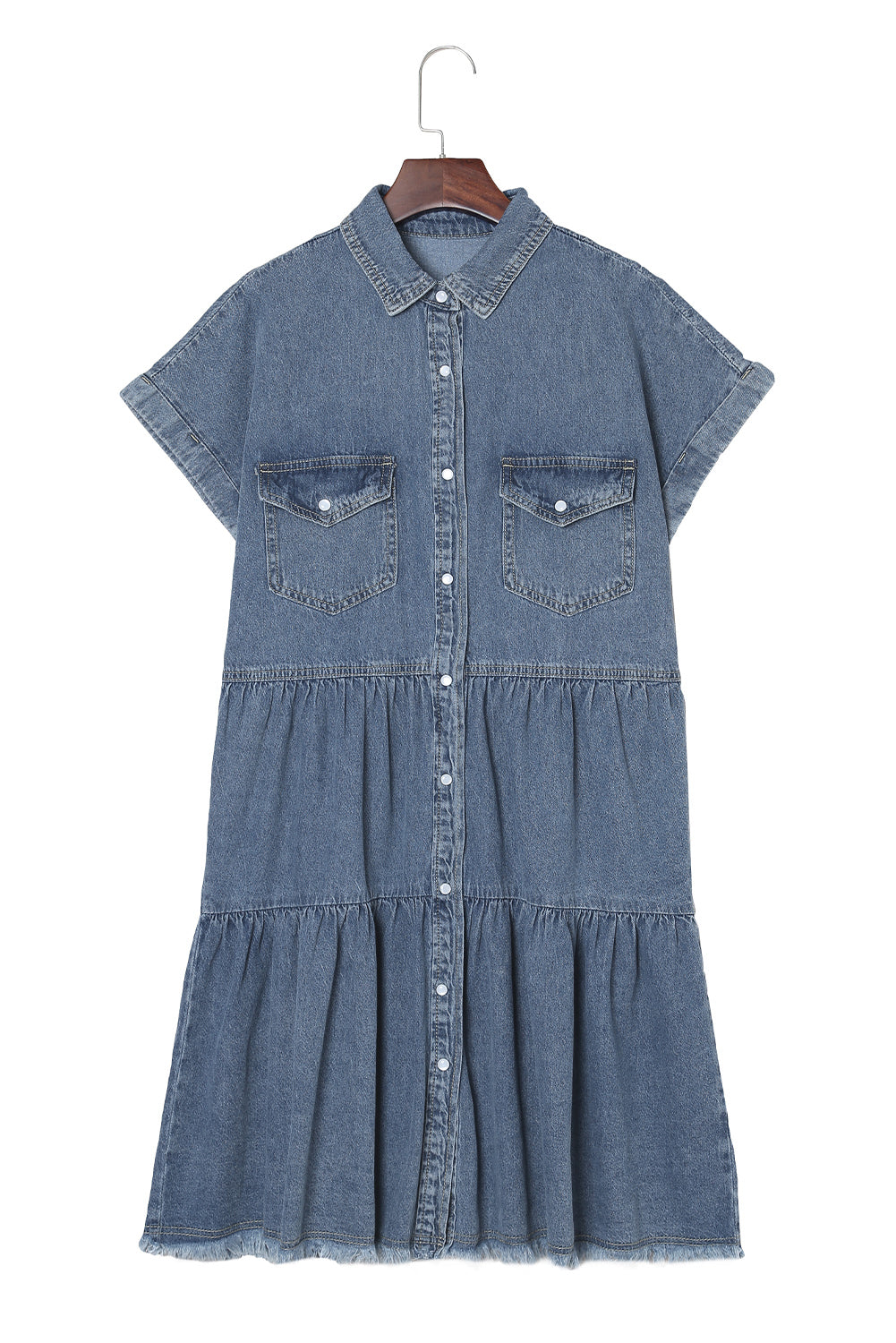 Buttoned Frayed Pocket Short Sleeve Denim Dress