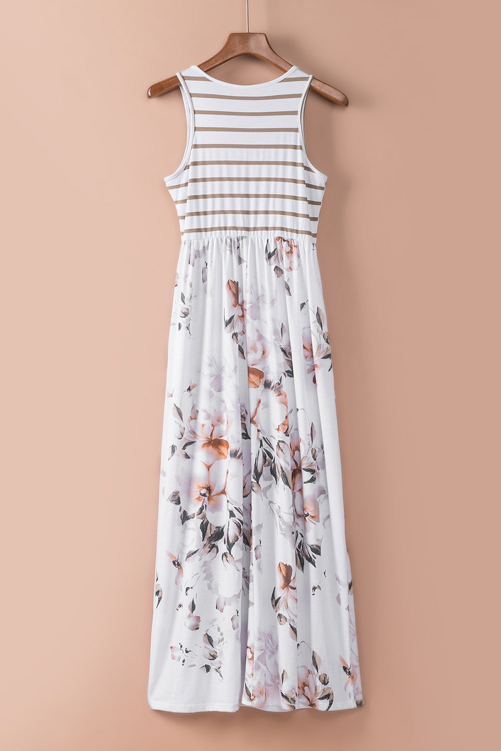 Striped Floral Print Sleeveless Maxi Dress with Pocket