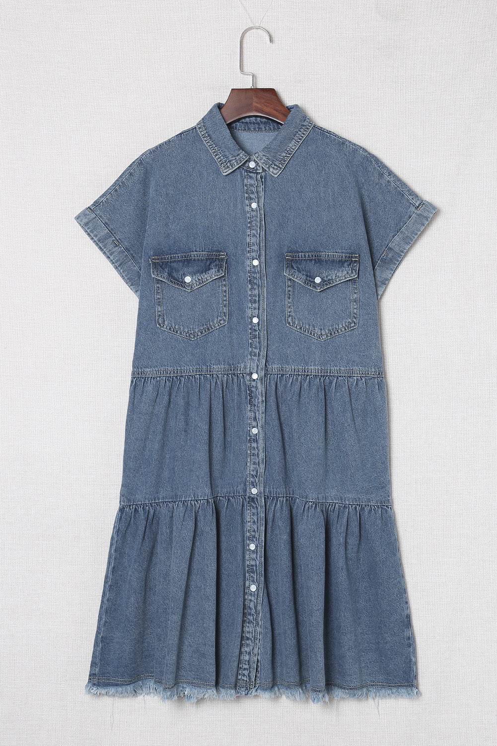 Buttoned Frayed Pocket Short Sleeve Denim Dress