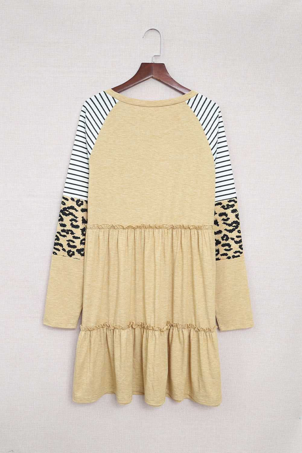 Khaki Striped Leopard Patchwork Long Sleeve Mini Dress