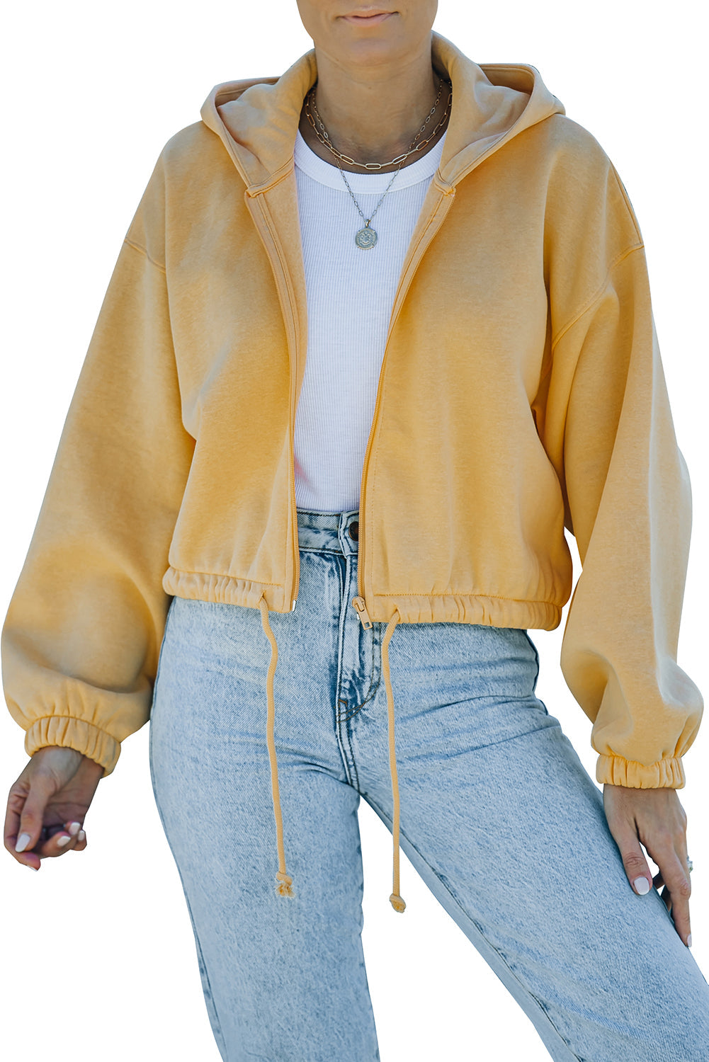 Zip Closure Drawstring Cinched Cropped Hoodie