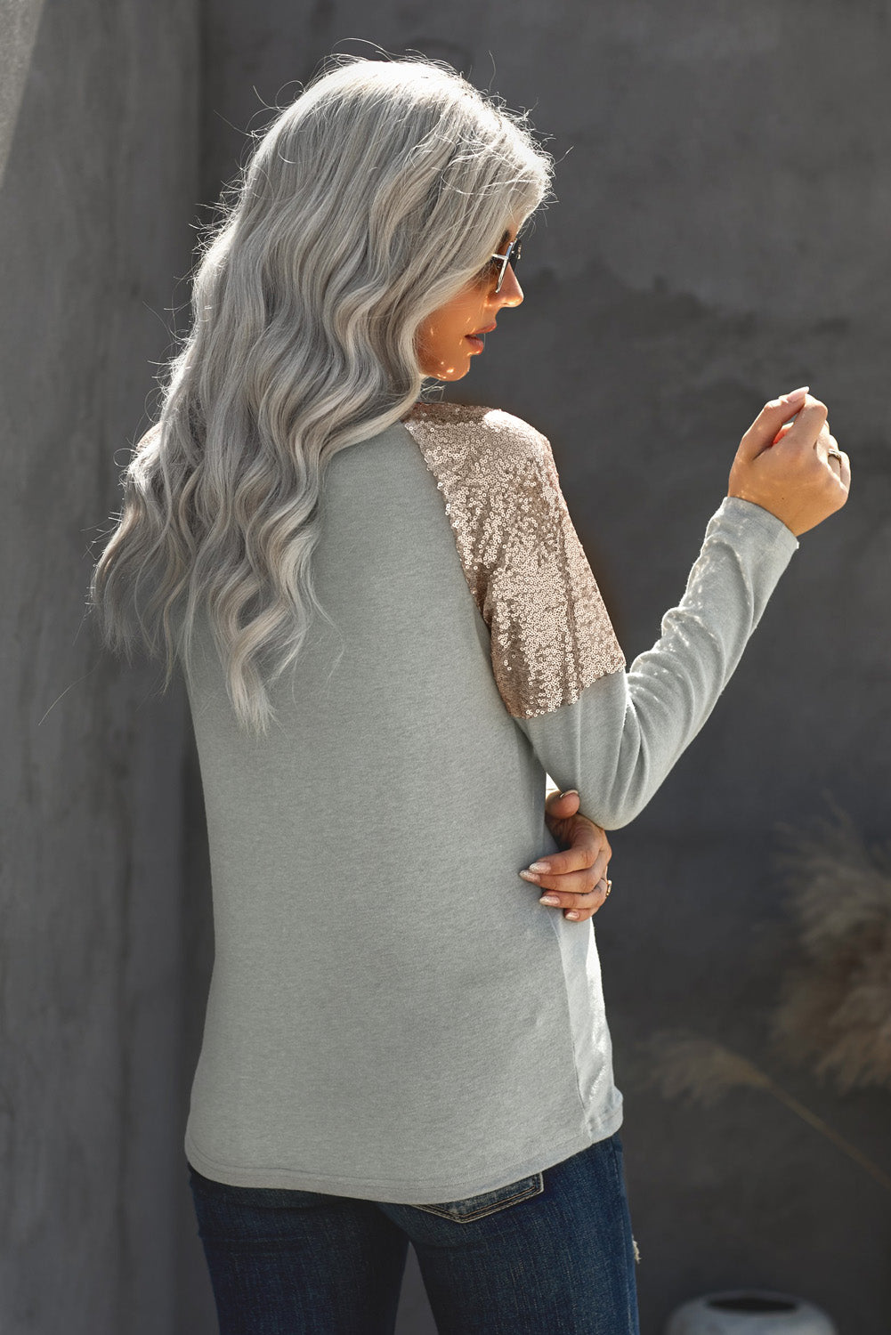 Sequin Shoulder Long Sleeve Top