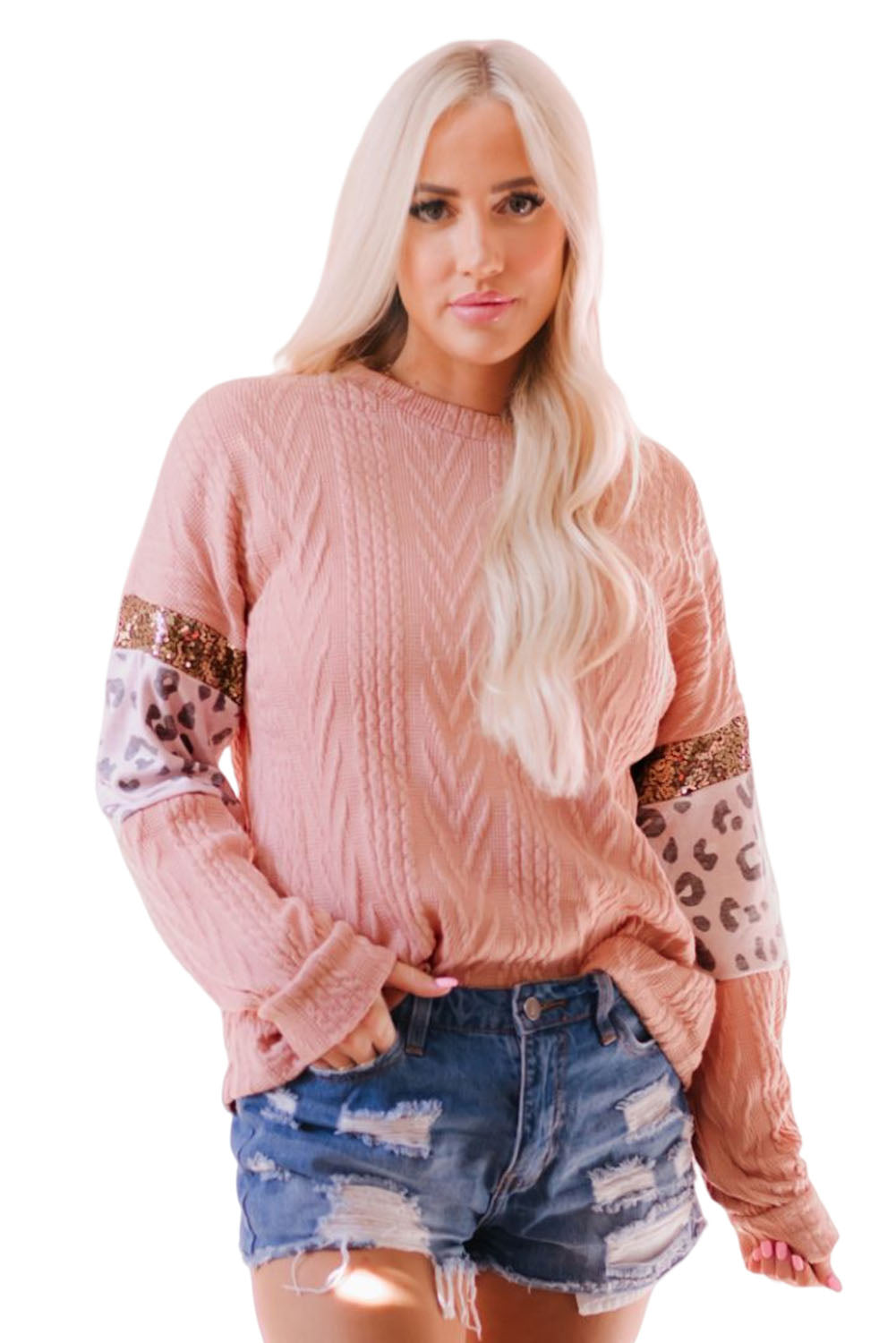 Leopard Sequin Splicing Sleeves Textured Knit Top