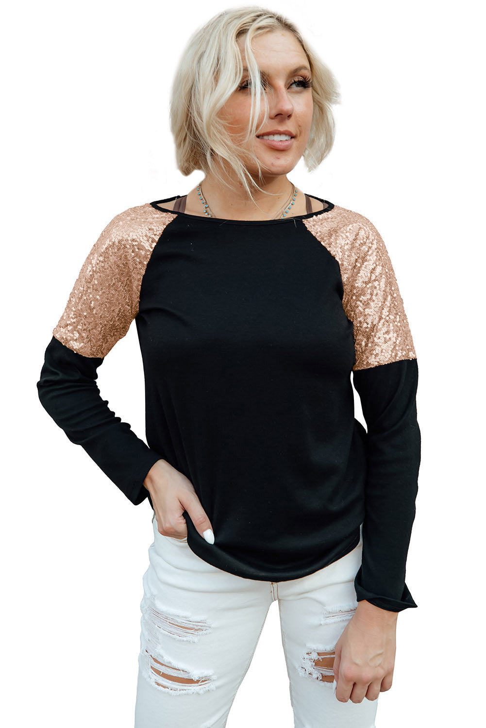 Sequin Shoulder Long Sleeve Top