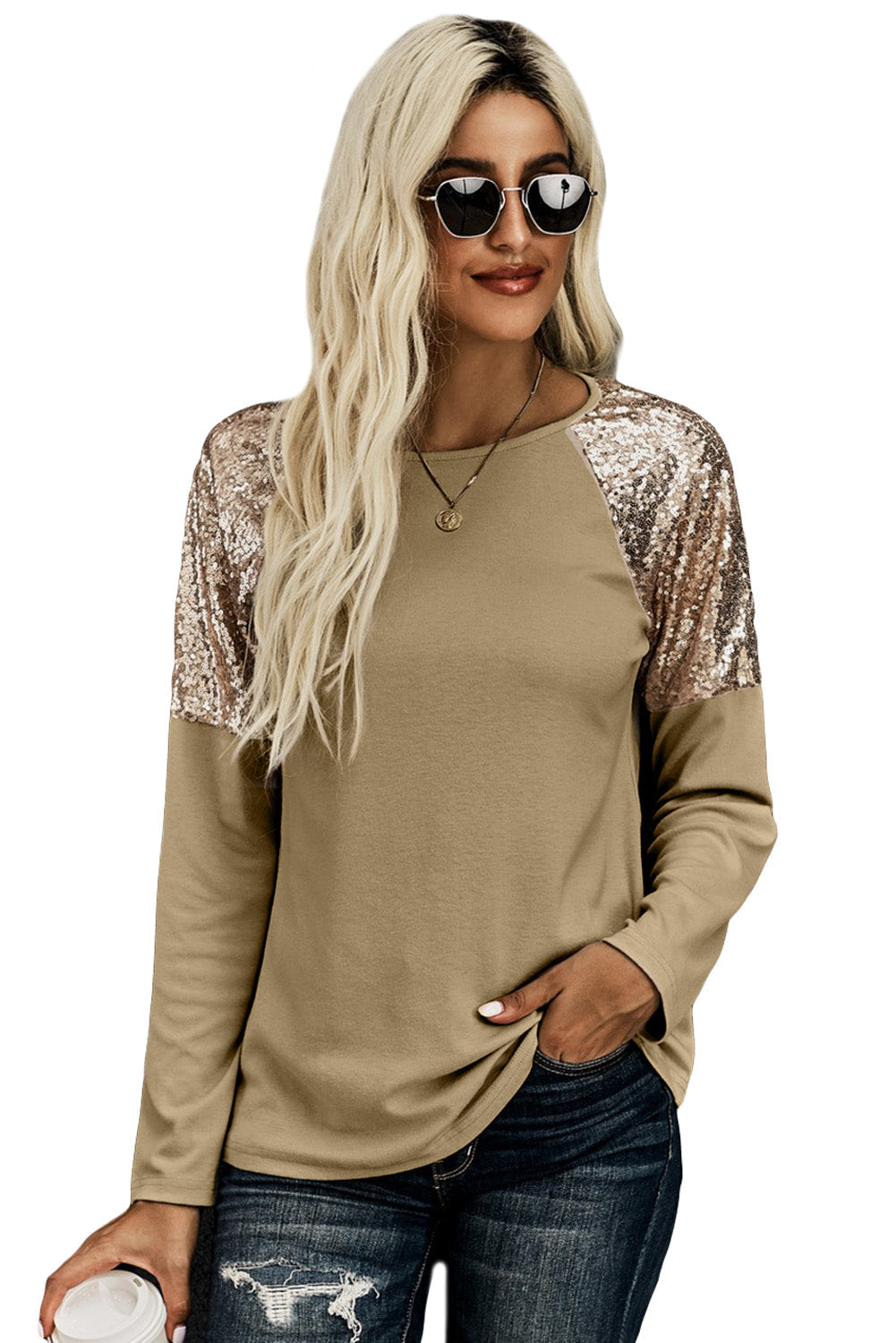 Sequin Shoulder Long Sleeve Top