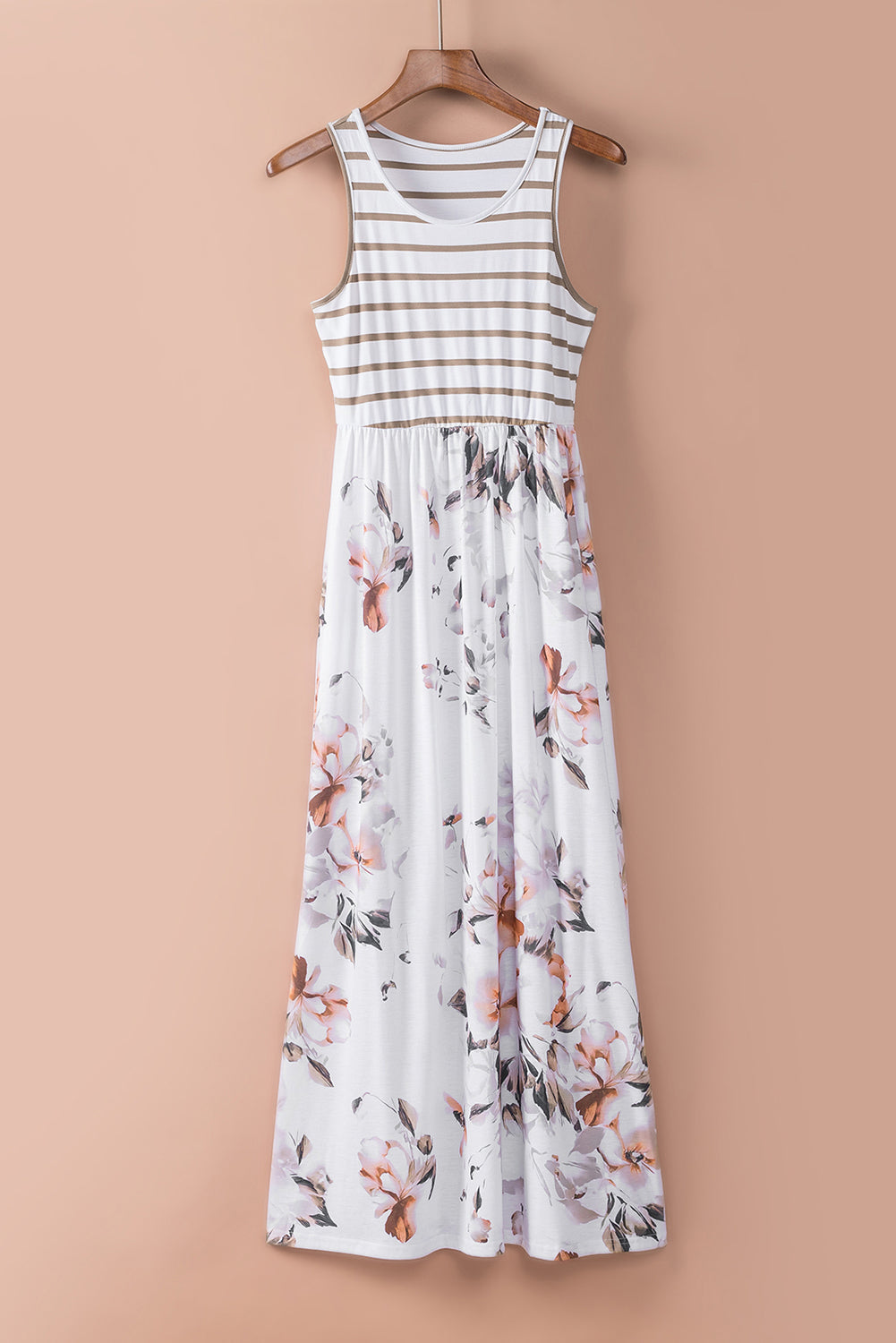 Striped Floral Print Sleeveless Maxi Dress with Pocket