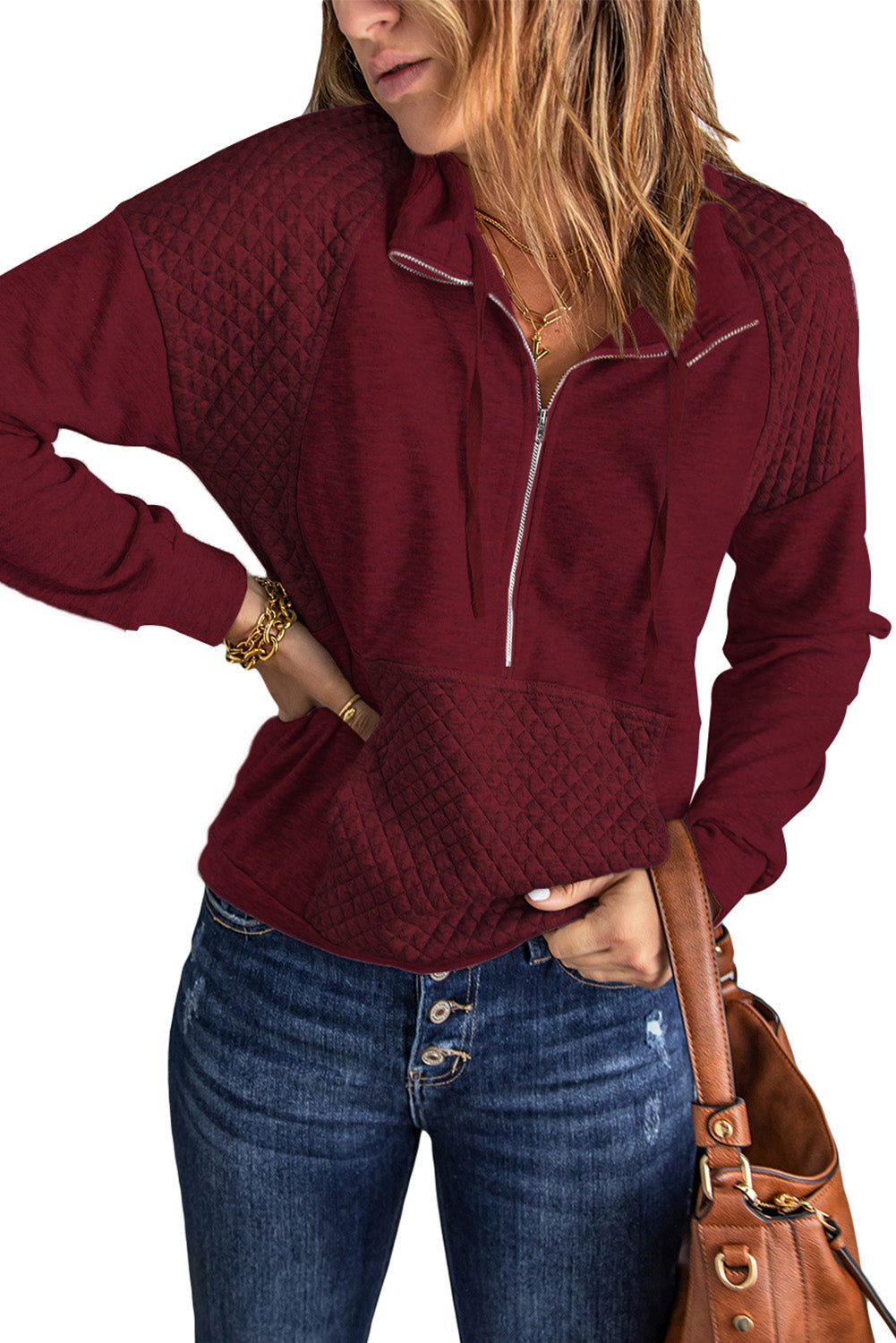 Quilted Patch Half Zipper Sweatshirt