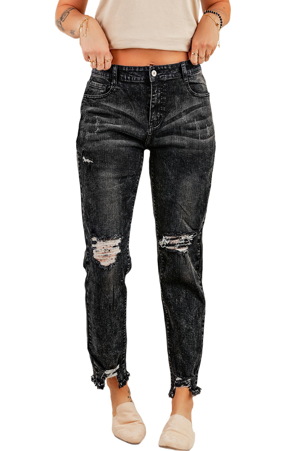 Ripped Slim Fit Washed Jeans