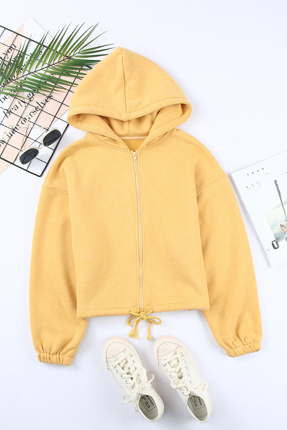 Zip Closure Drawstring Cinched Cropped Hoodie