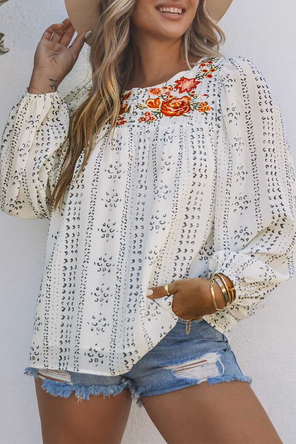 Beige Long Sleeve Embroidered Print Blouse
