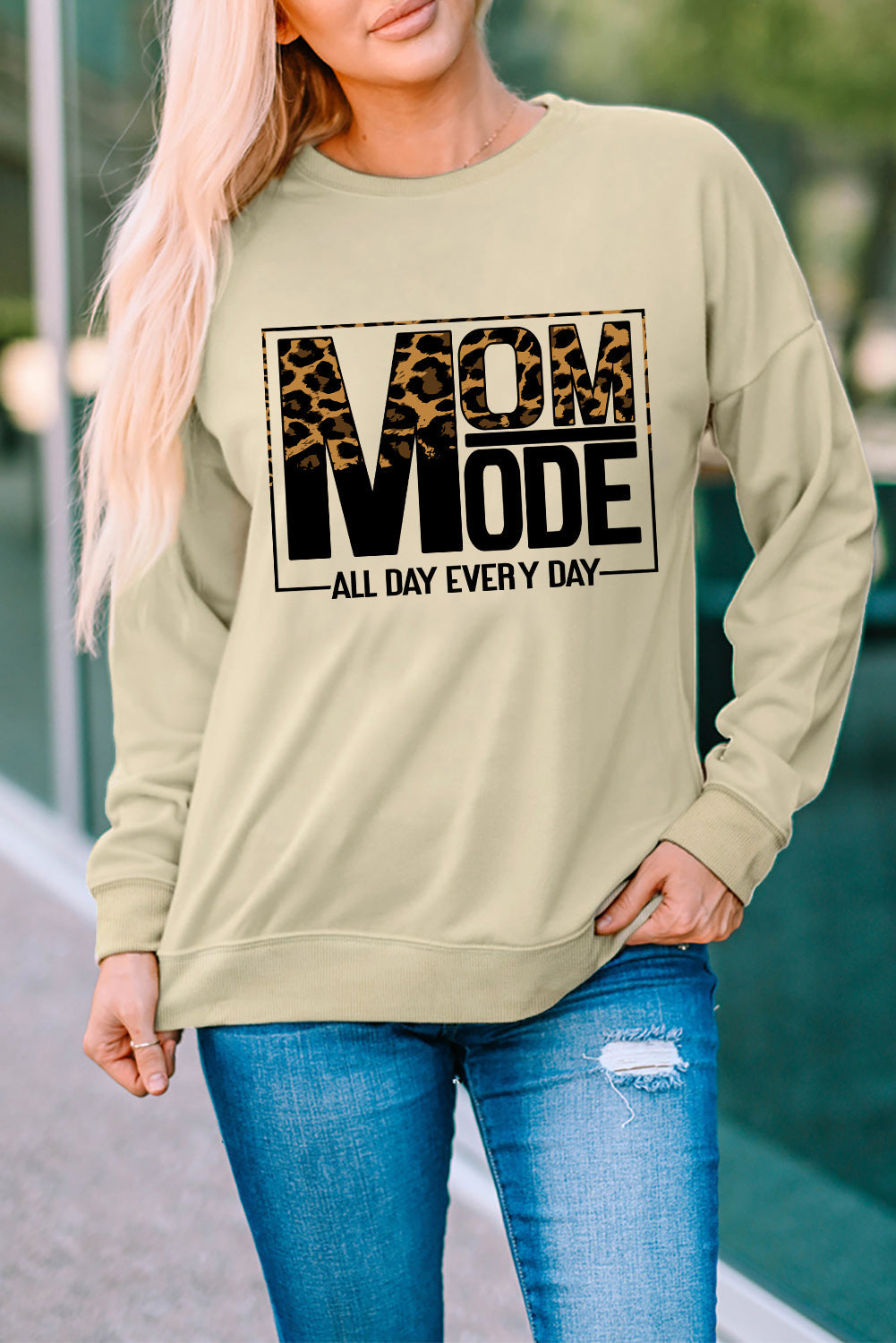 Khaki MOM MODE Leopard Print Long Sleeve Sweatshirt