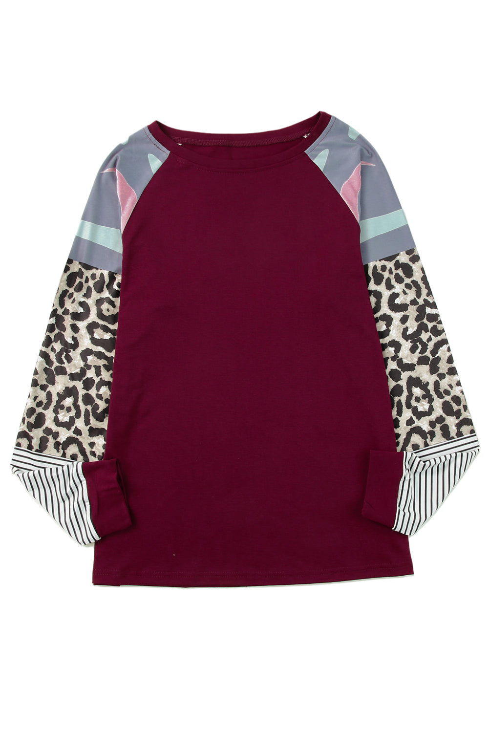 Burgundy Camouflage Striped Leopard Splicing Blouse