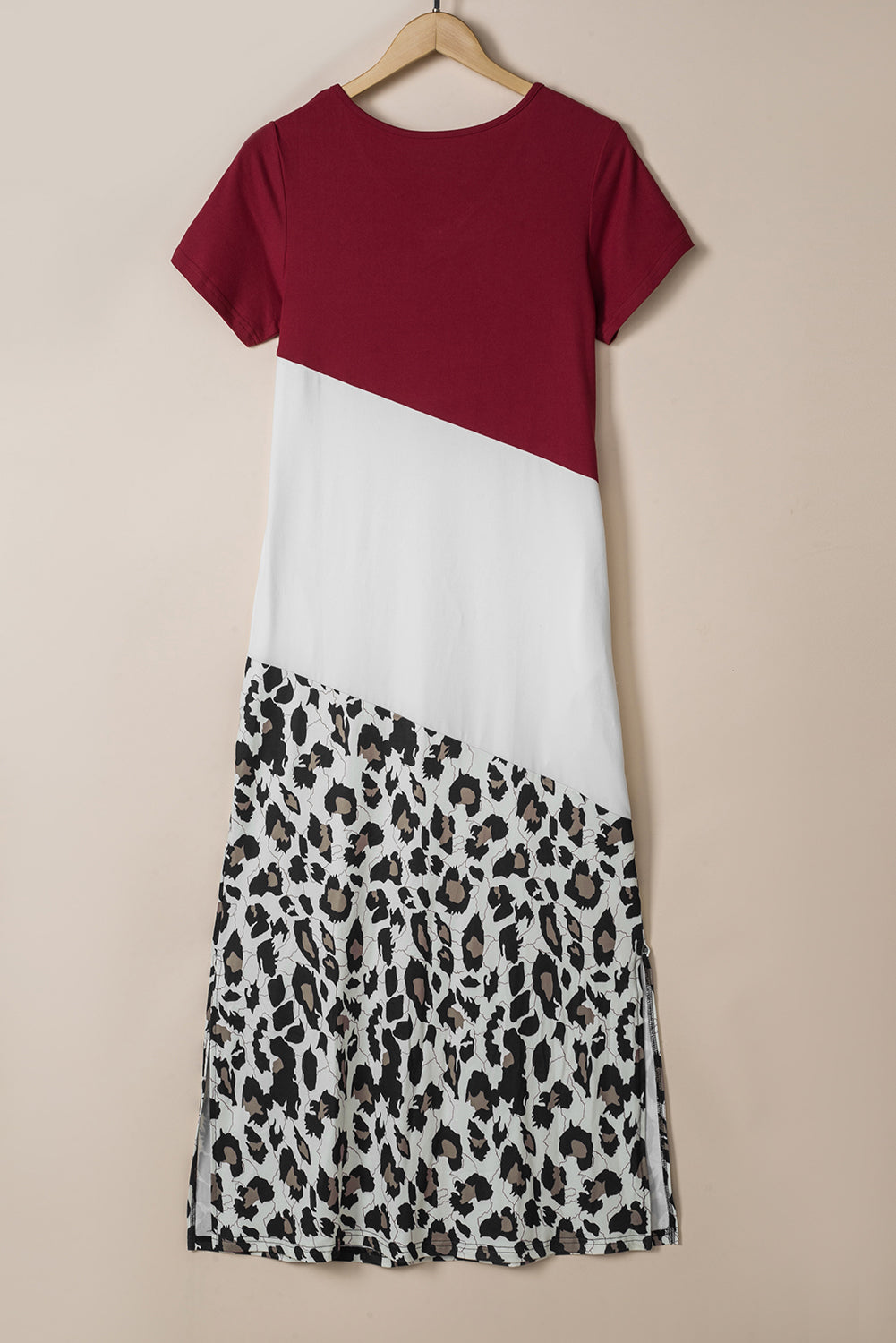 Leopard Color Block Side Slit T Shirt Maxi Dress