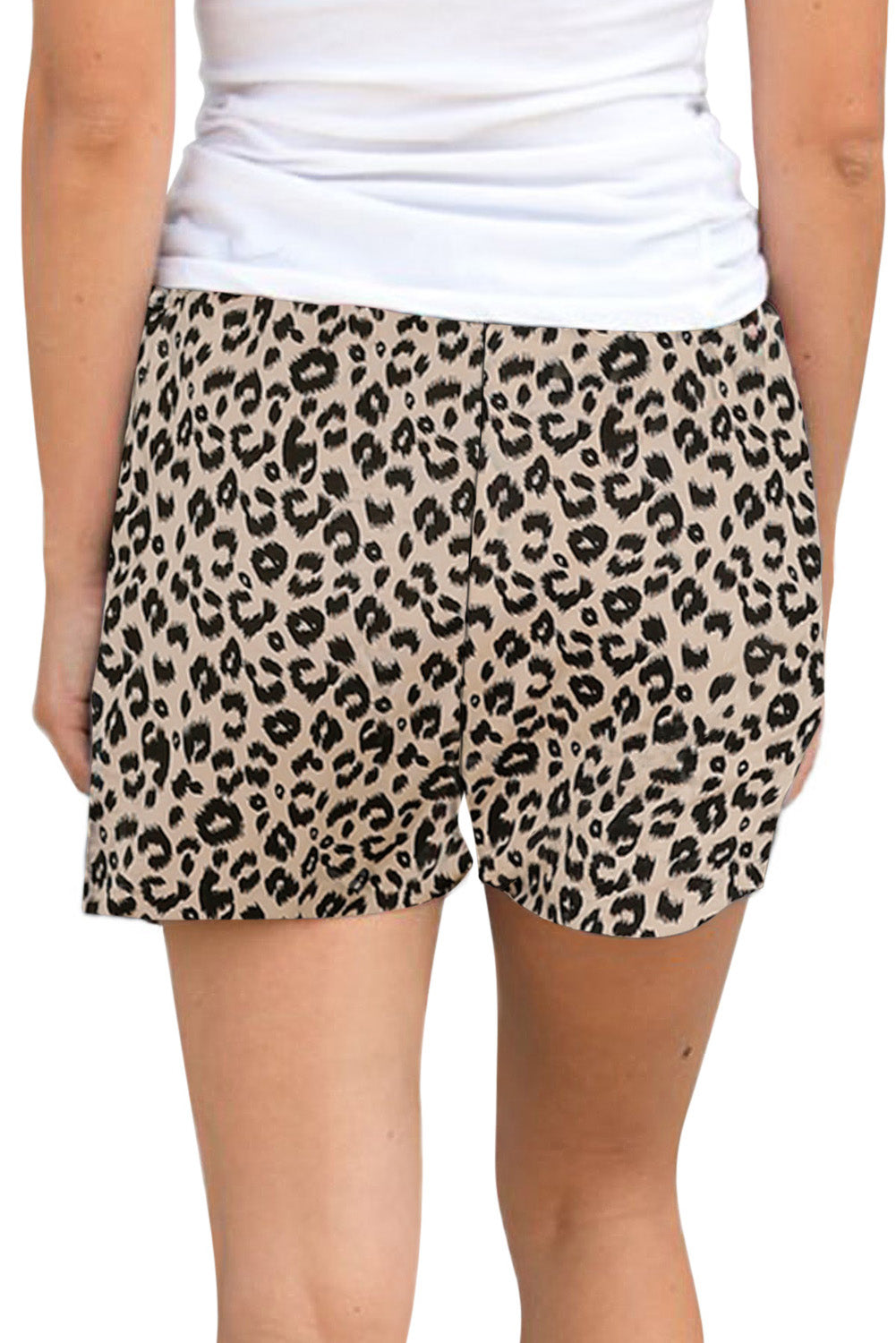 Khaki Leopard Print Drawstring Waist Shorts