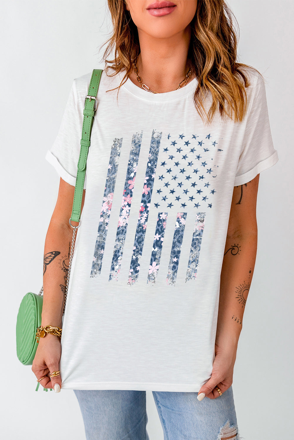 Floral American Flag Pint Short Sleeve Graphic Tee