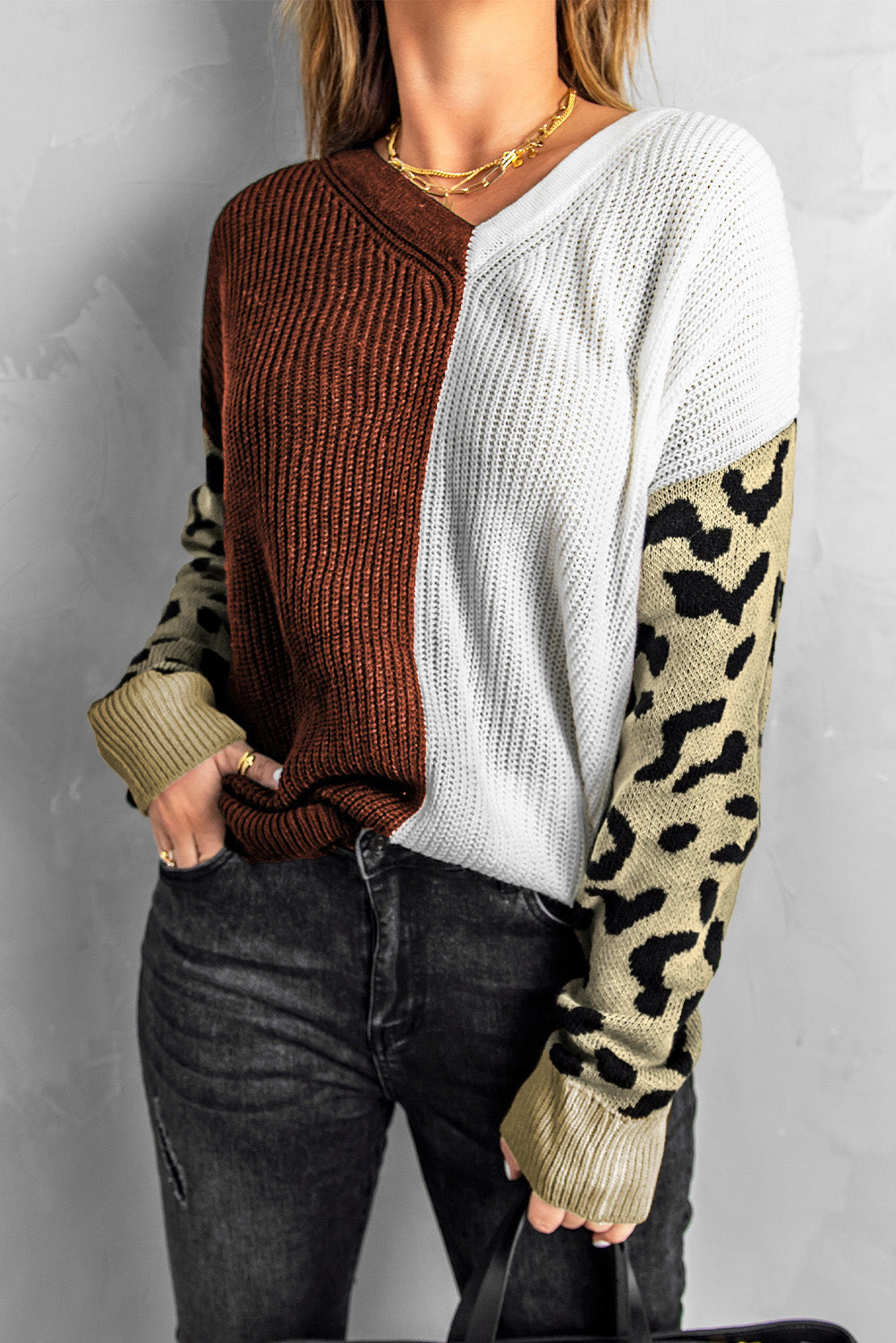 Print Contrast Color V Neck Sweater
