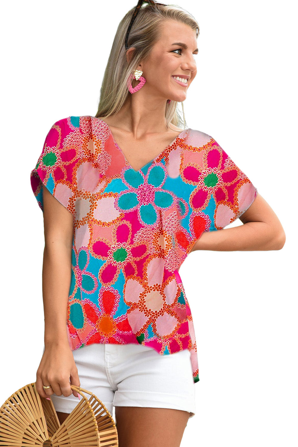 Multicolor Abstract Print V Neck Dolman Blouse