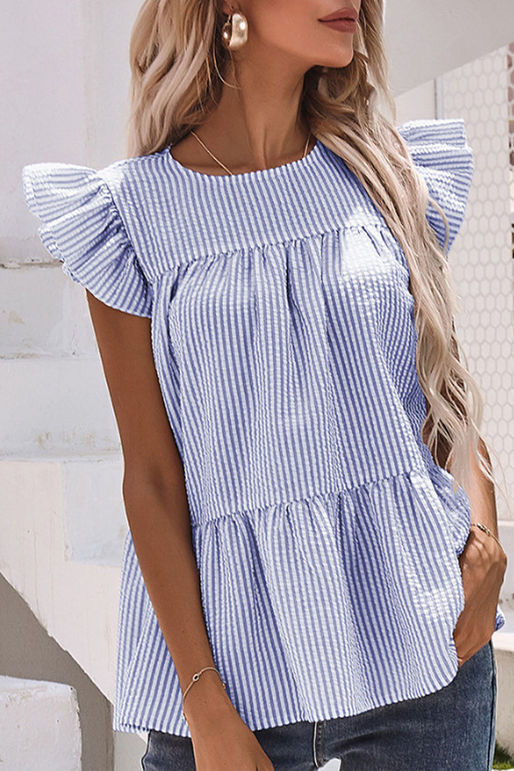 Striped Print Flutter Sleeve Gathered Top