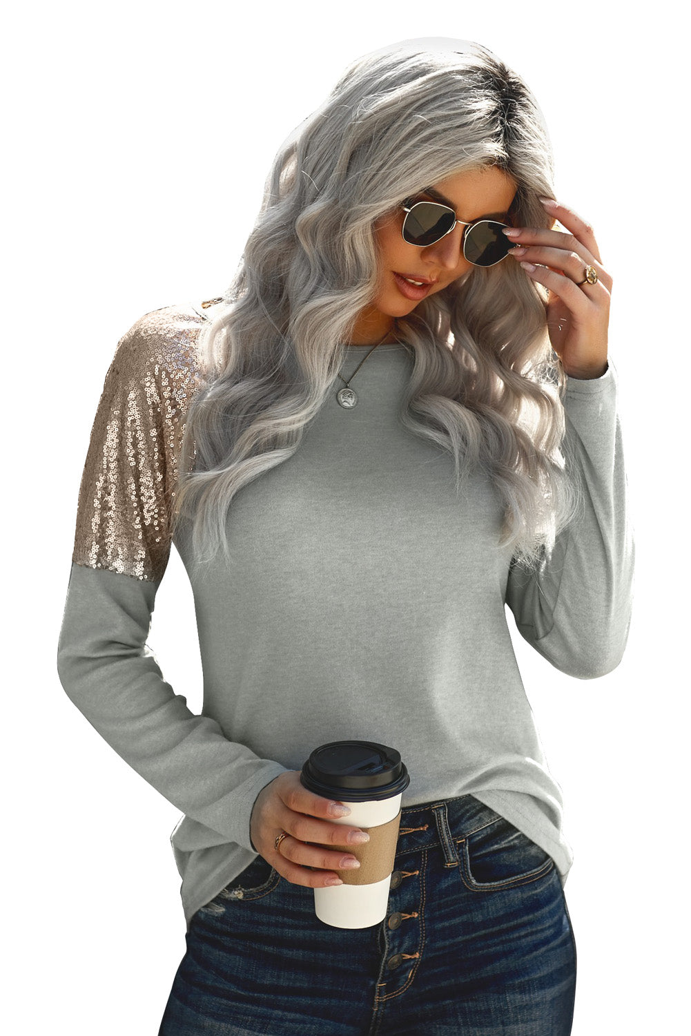 Sequin Shoulder Long Sleeve Top