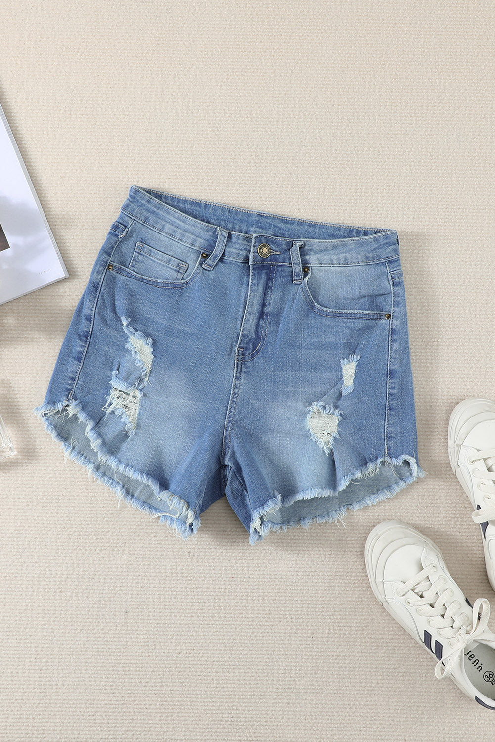 Dark Blue Frayed Hem Denim Shorts