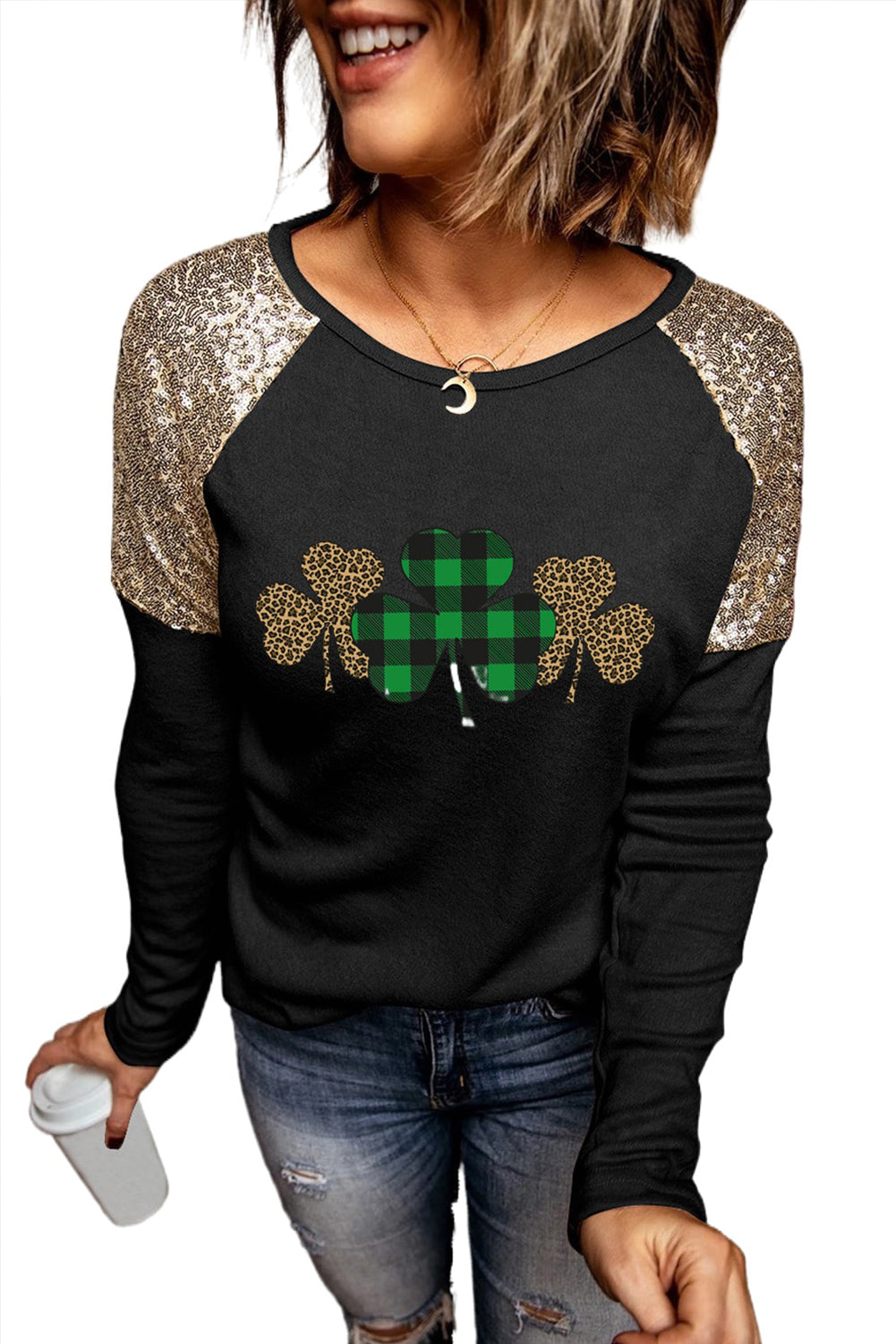 Sequin Shoulder Long Sleeve Top