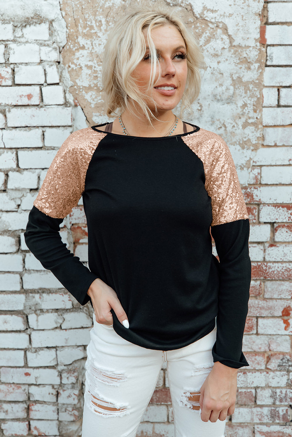 Sequin Shoulder Long Sleeve Top