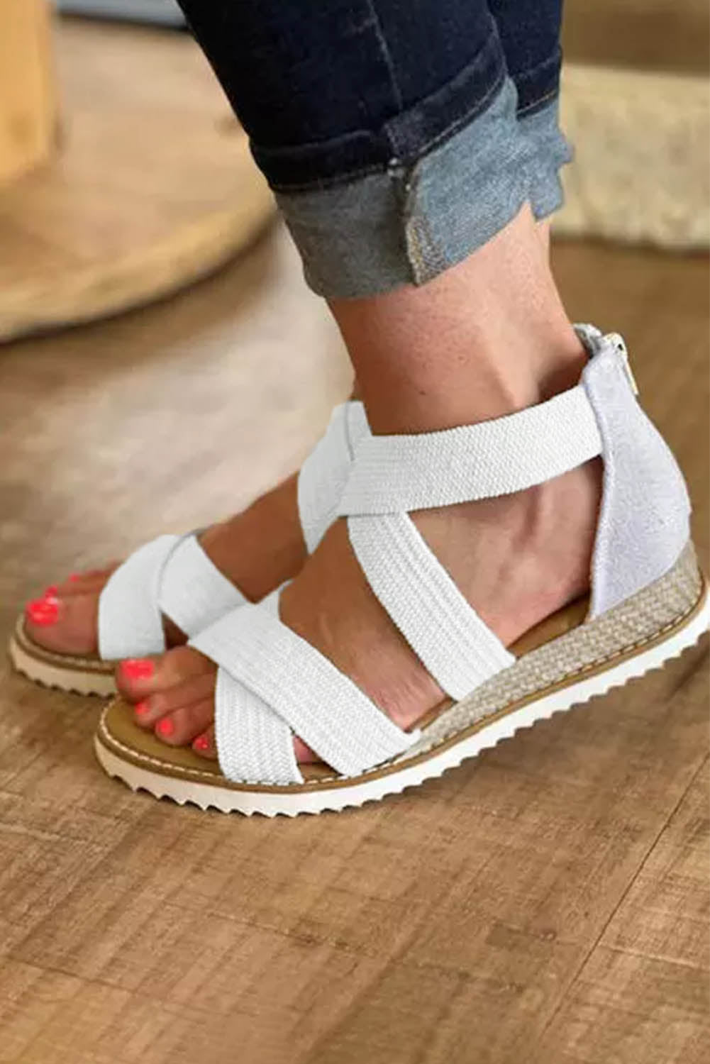 Beige Criss Cross Strappy Zipped Low Wedge Sandals