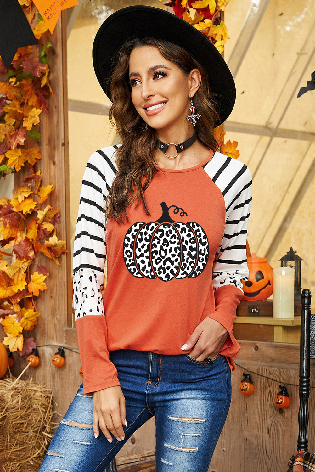 Leopard Pumpkin Striped Long Sleeve Graphic T Shirt