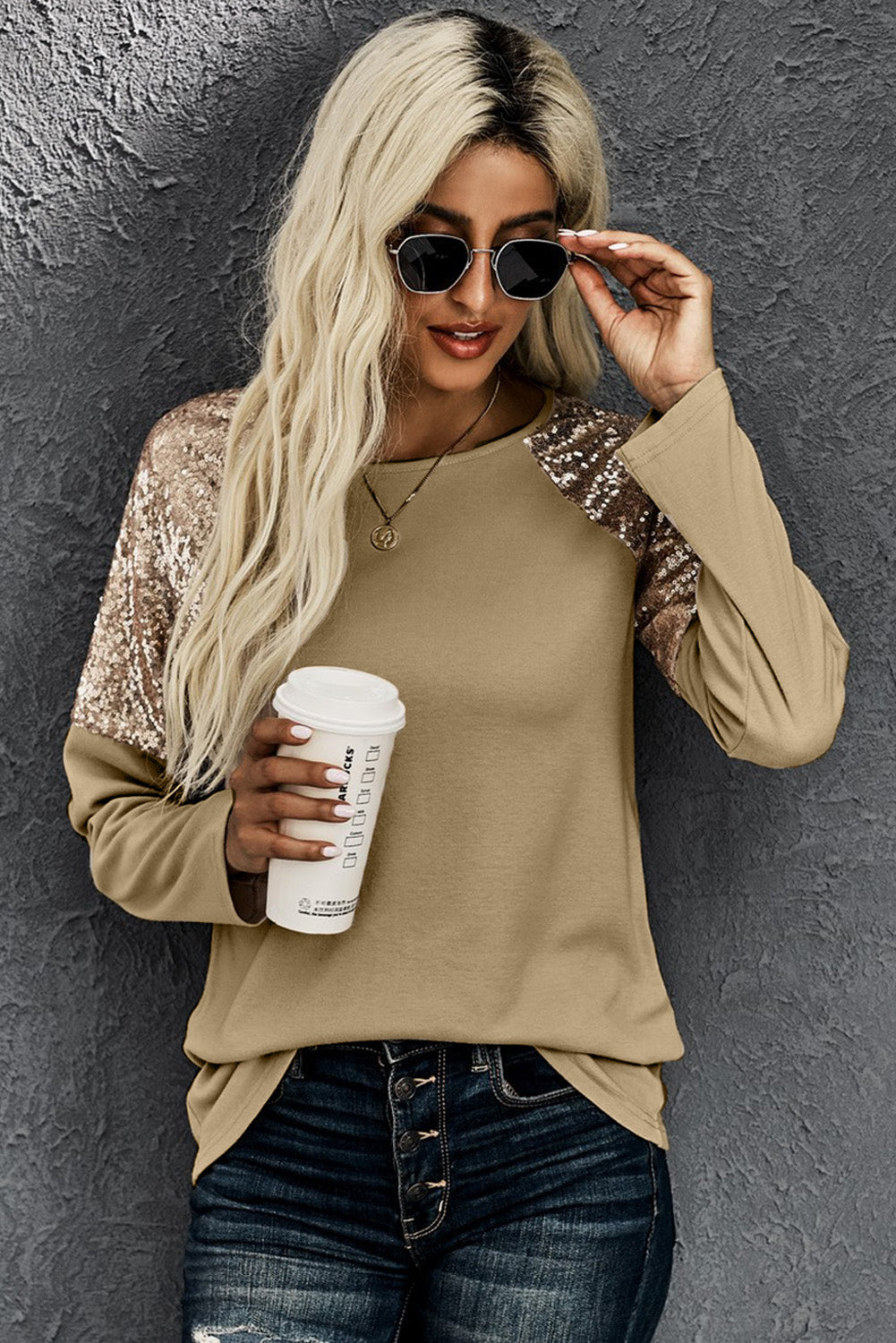 Sequin Shoulder Long Sleeve Top