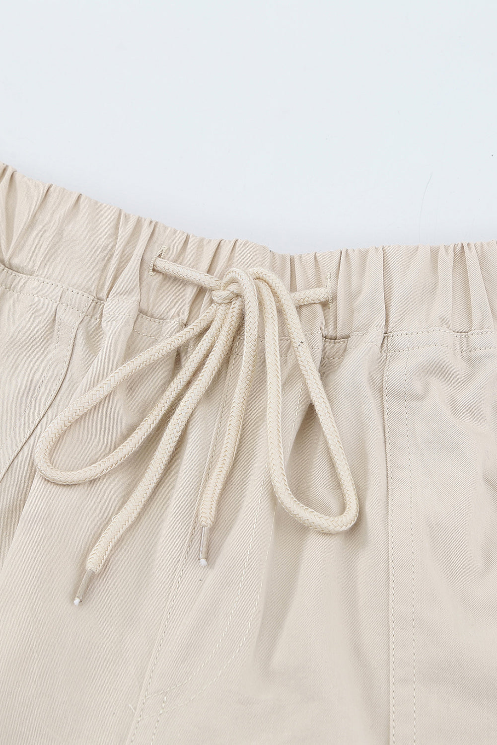 Khaki Solid Color Drawstring Frayed Hem Pocketed Shorts
